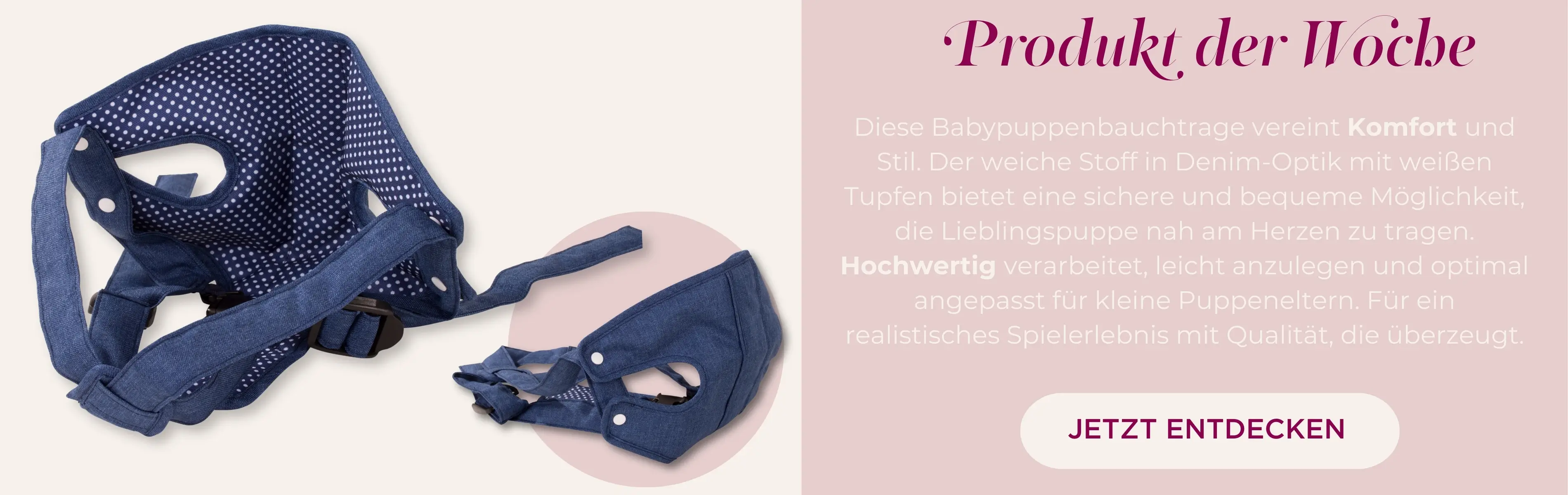 Babytrage Denim und Spots fuer Babypuppen der Gr. von 30 - 50 cm. Blau-weiss getupft.