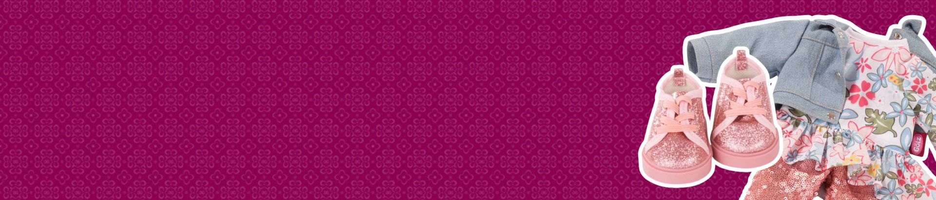 Header Puppenmode Kombi Clubbing Goetz Puppenbekleidung bestehend aus Glitzerturnschuhen Glitzerleggins und Kleid auf bordeauxfarbenen Hintergrund