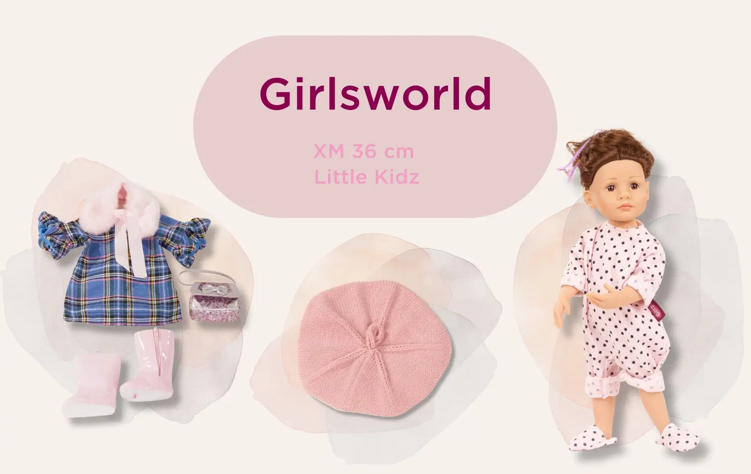 Girlsworld Gr. XM: 36 cm grosse Stehpuppe mit braunen Haaren, rosa Baskenmuetze und Bekleidungsset bestehend aus Stiefel, blauem Kleid Schal und Tasche