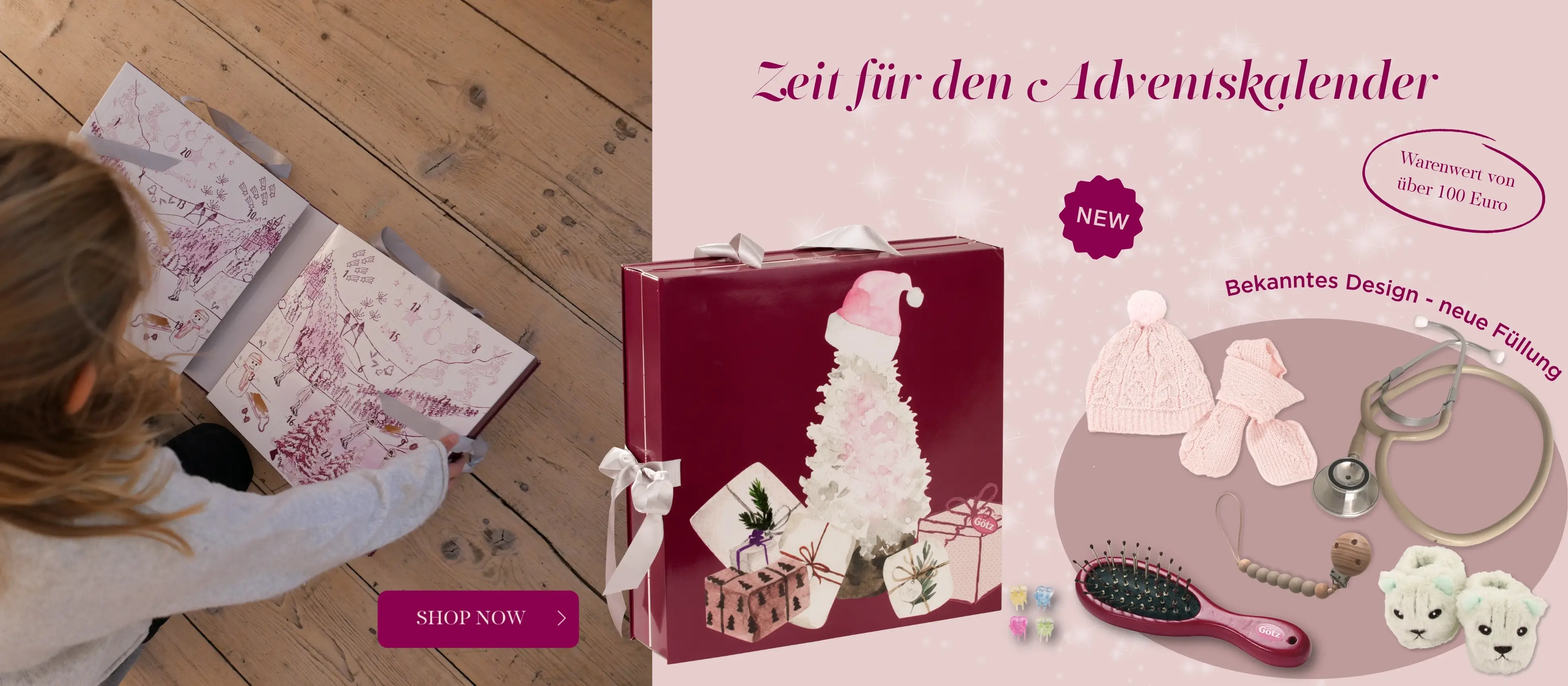Adventskalender fuer Babypuppen Gr. 30-33 cm und fuer Stehpuppen Gr. 45-50 cm in einer schicken Weihnachtsbox verpackt von Goetz