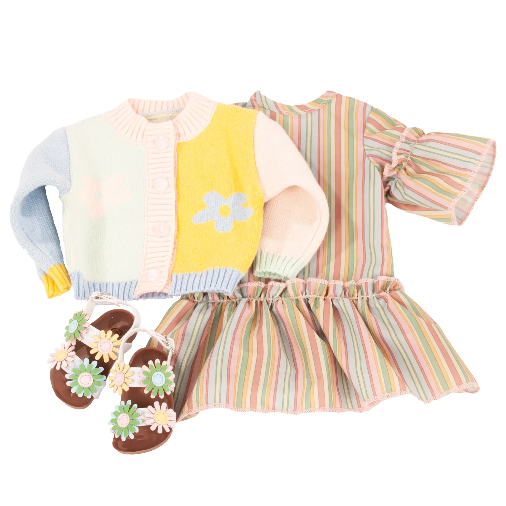 kombi-so-spring-bekleidung-goetz-strickjacke-sandalen-rueschenkleid-volant-sommerkleid