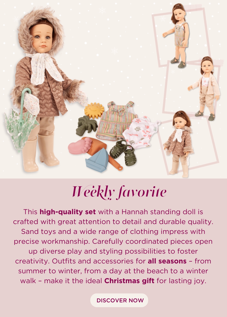 Stehpuppe Gr. 45-50 cm mit grossem Zubehoerset. Winteroutfit mit Schal, Handschuhen und Regenschirm und Sommerset mit Badeanzug, kurzer Latzhose, Strandspielzeug und Sandalen von Goetz