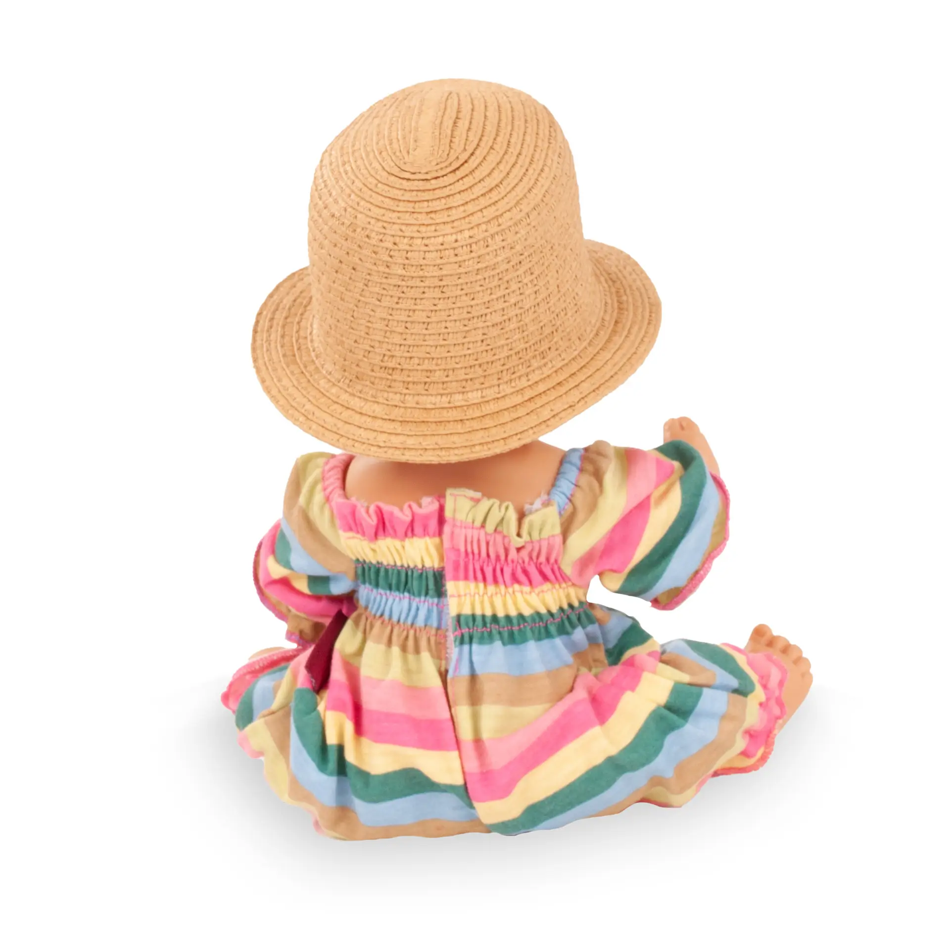 Rueckansicht, Badepuppenset Gr. 30-33 cm mit bunt geringeltem Sommeranzug und einem Strohhut von Goetz