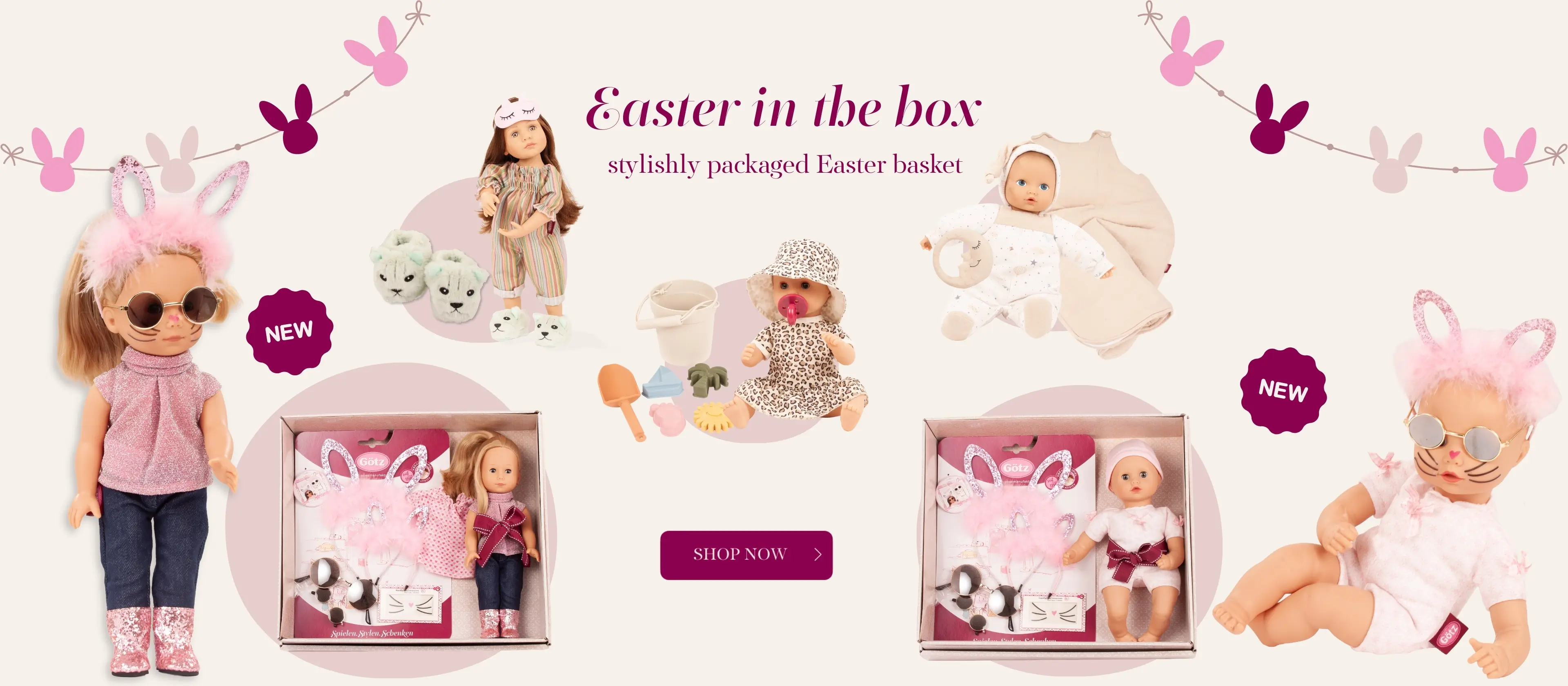 Stehpuppen und Babypuppen in einer Geschenkbox mit Zubehoer fuers Osterfest von Goetz