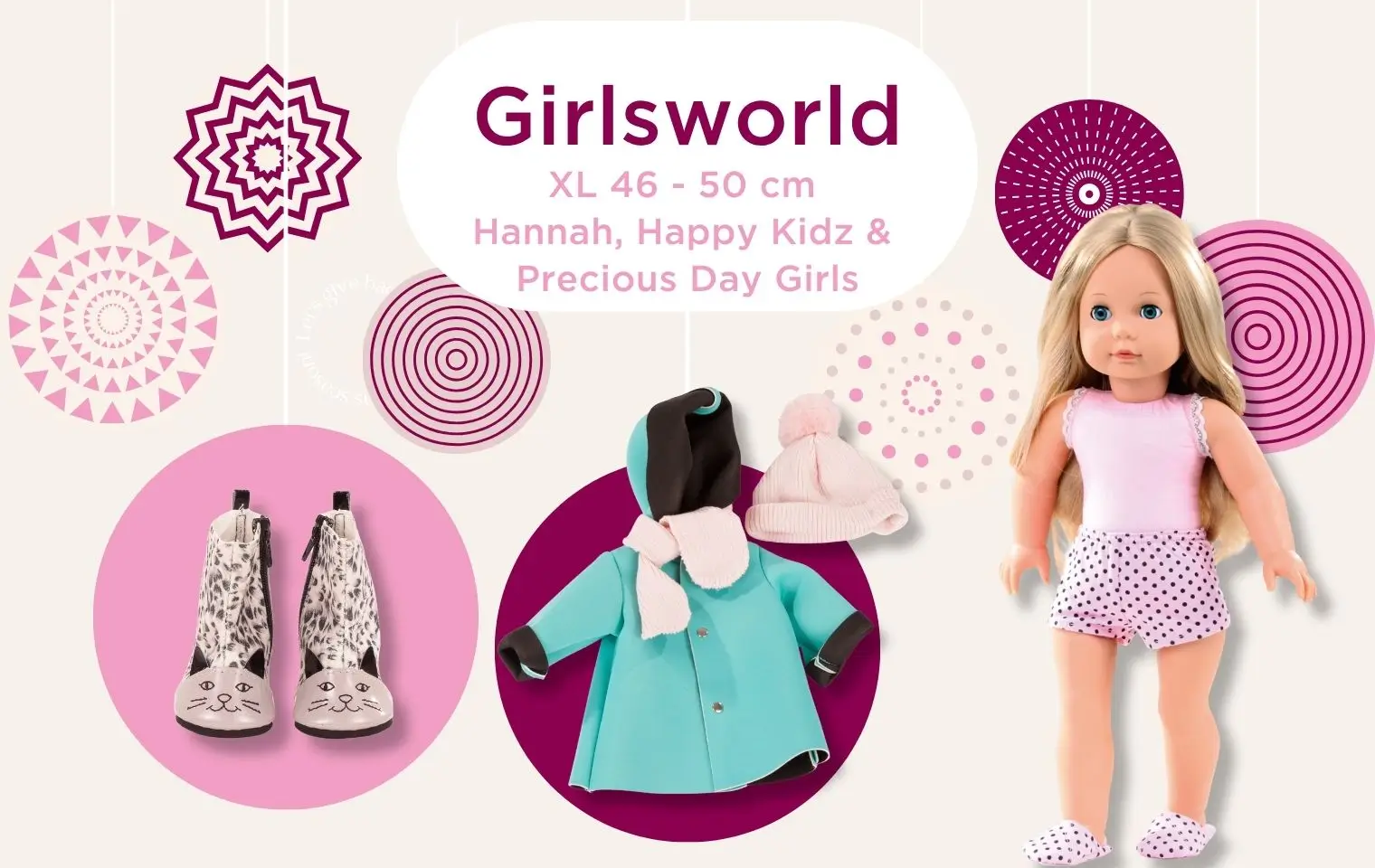 Girlsworld Gr. XL: 46 cm grosse blonde Stehpuppe mit Gummistiefeln, Neoprenjacke, Mütze und Schal