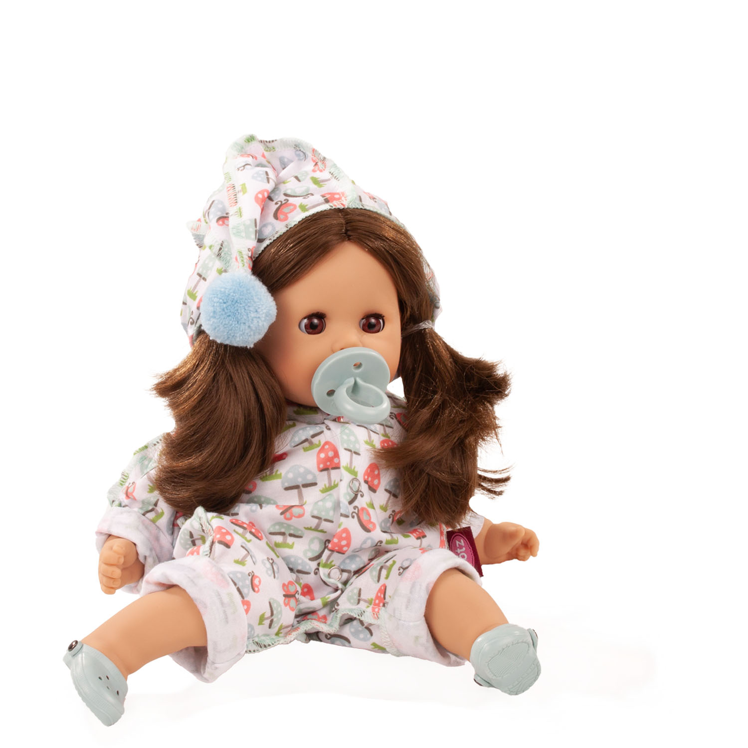 2316068-cosy-aquini-glueckspilz-badepuppe-goetz cosy-aquini-glueckspilz-badepuppe-sandalen-anzug-zipfelmuetze-pilzprint-schnuller-braunhaarig-goetz