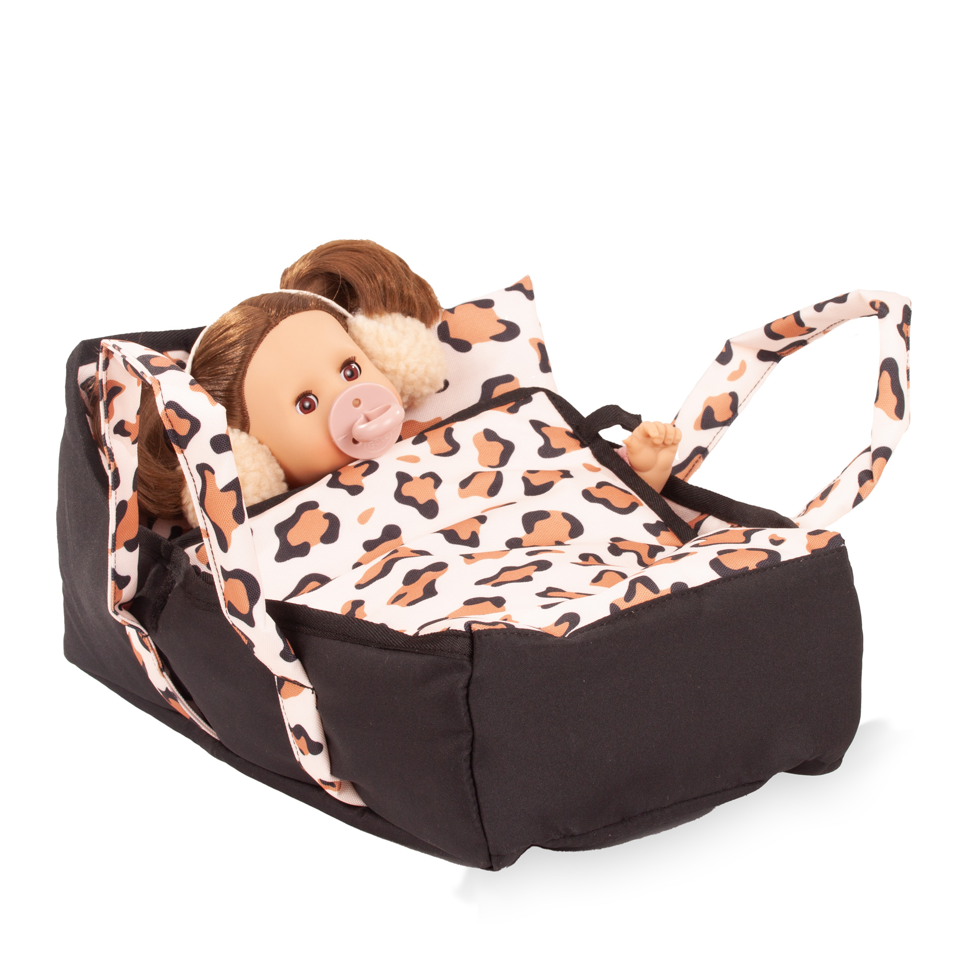 Puppentrage im Leolook mit schwarz mit Kissen mit Puppe in der Trage von Goetz