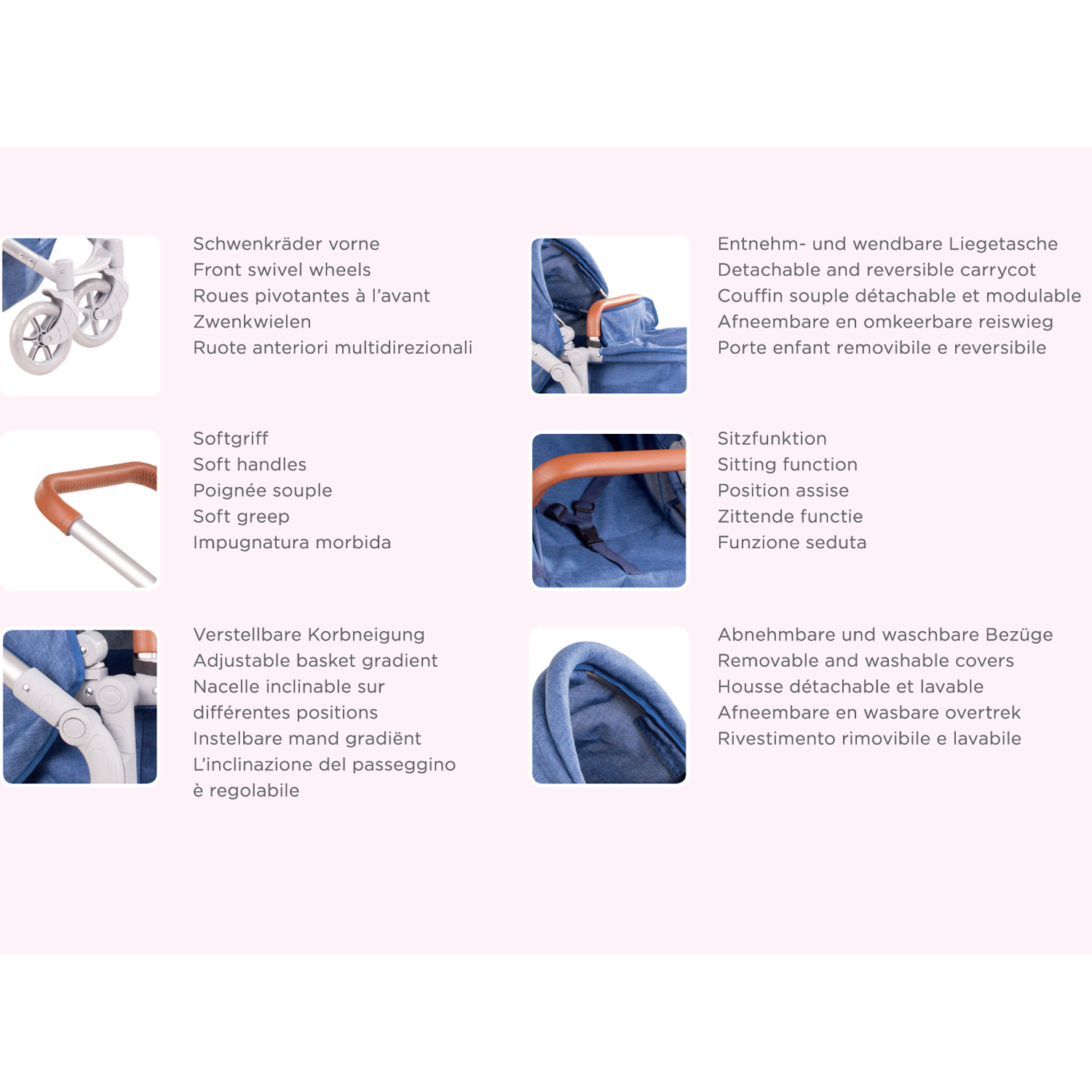 3403366 Puppenwagen 2 in 1 Denim Spots Goetz Puppenwagen fuer Babypuppen mit Schwenkraedern Softgriff verstellbarer Korbneigung abnehmbaren und waschbaren Bezuegen und Sitzfunktion