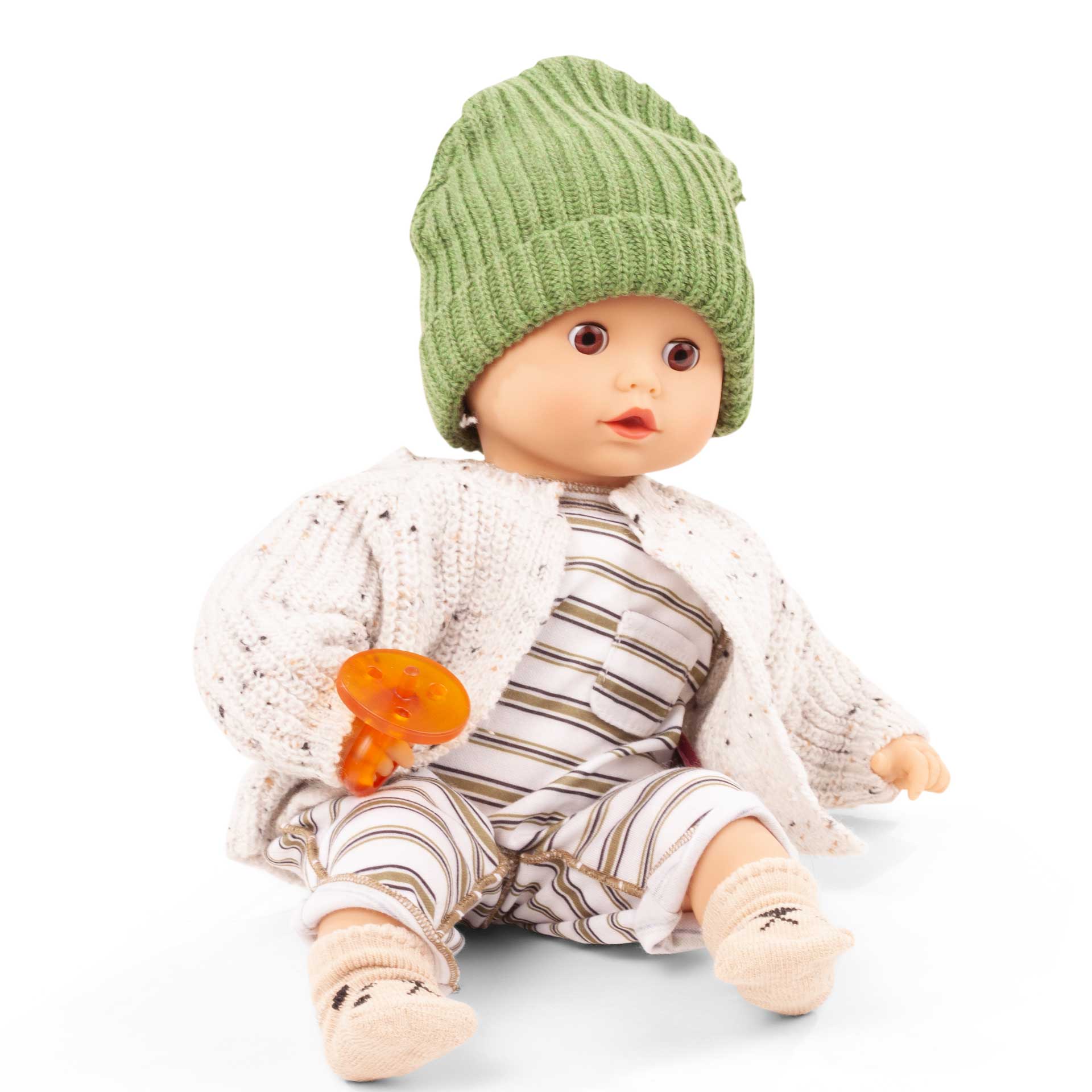 muffin-urban-stripes-babypuppe-goetz-strickmuetze-anzug-strickjacke-huettenschuhe-schnuller-kautschukschnuller-schlafaugen-gestreift