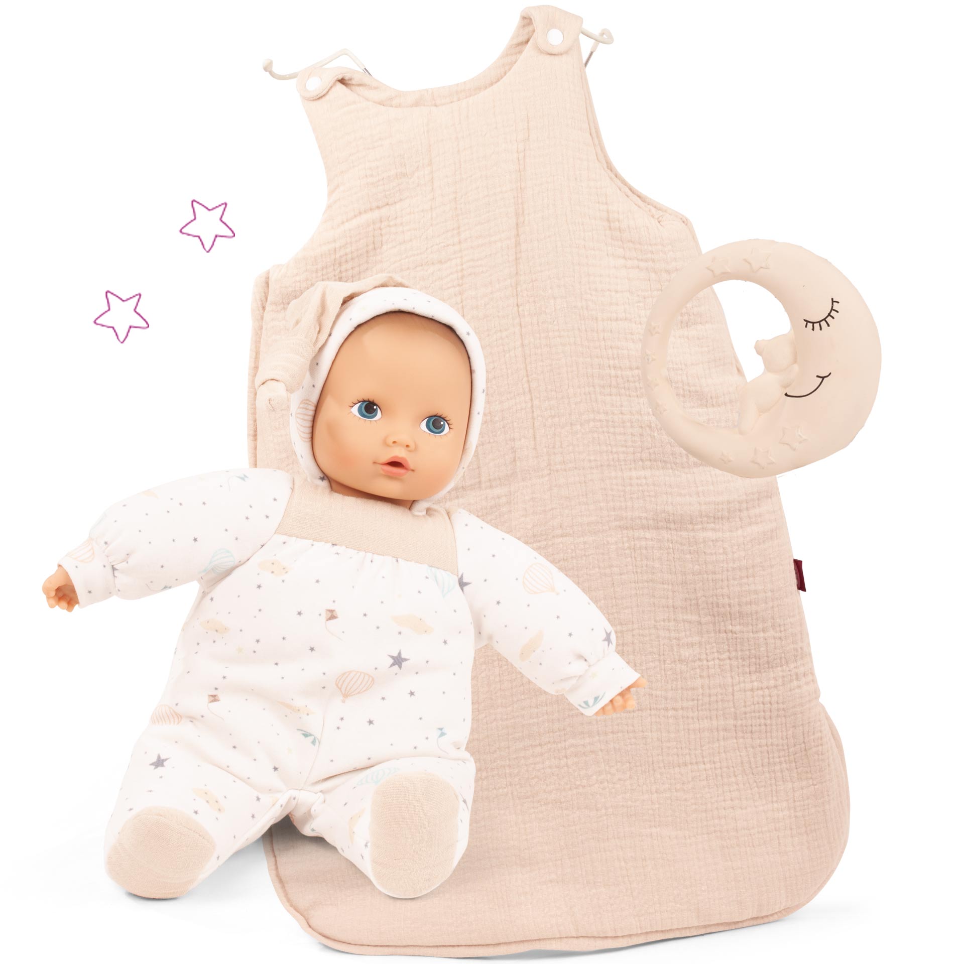 2491526 Baby Pure Sleep Well Babypuppe Geschenkset Goetz Babypuppe Gr. 33 cm für die Kleinsten, leicht und weich mit Schlafsack und Beissring fürs Kind