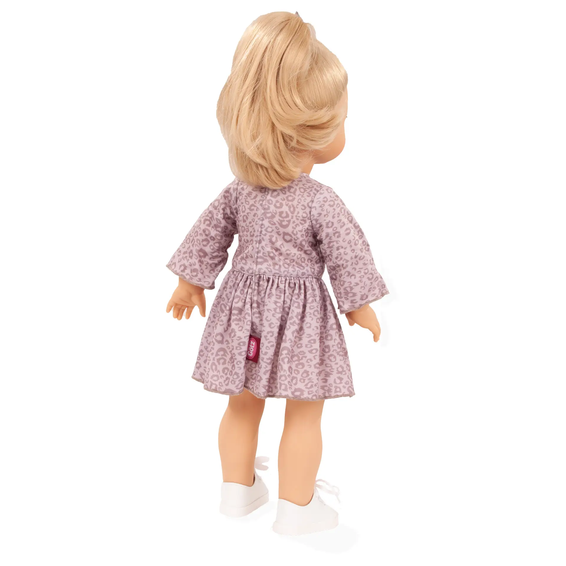 precious-day-girl-graue-katze-stehpuppe-goetz-rueckansicht-blond-langhaarig-sneakers-kleid-weichkörper