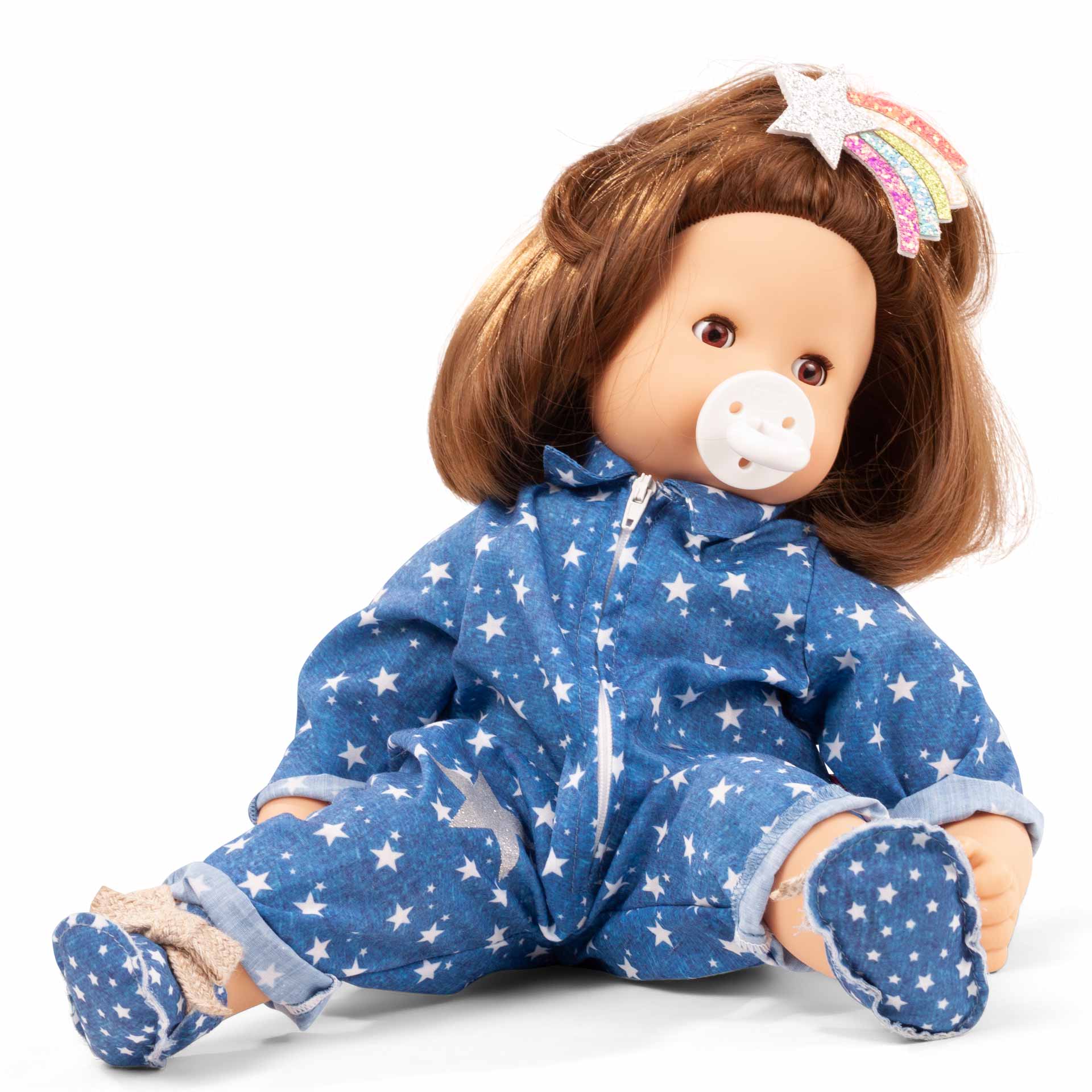 2427117-maxy-muffin-mein-stern-babypuppe-goetz maxy-muffin-mein-stern-babypuppe-goetz-anzug-haarklammer-stoffschuhe-sternenmuster-braunhaarig-schlafaugen-schnuller