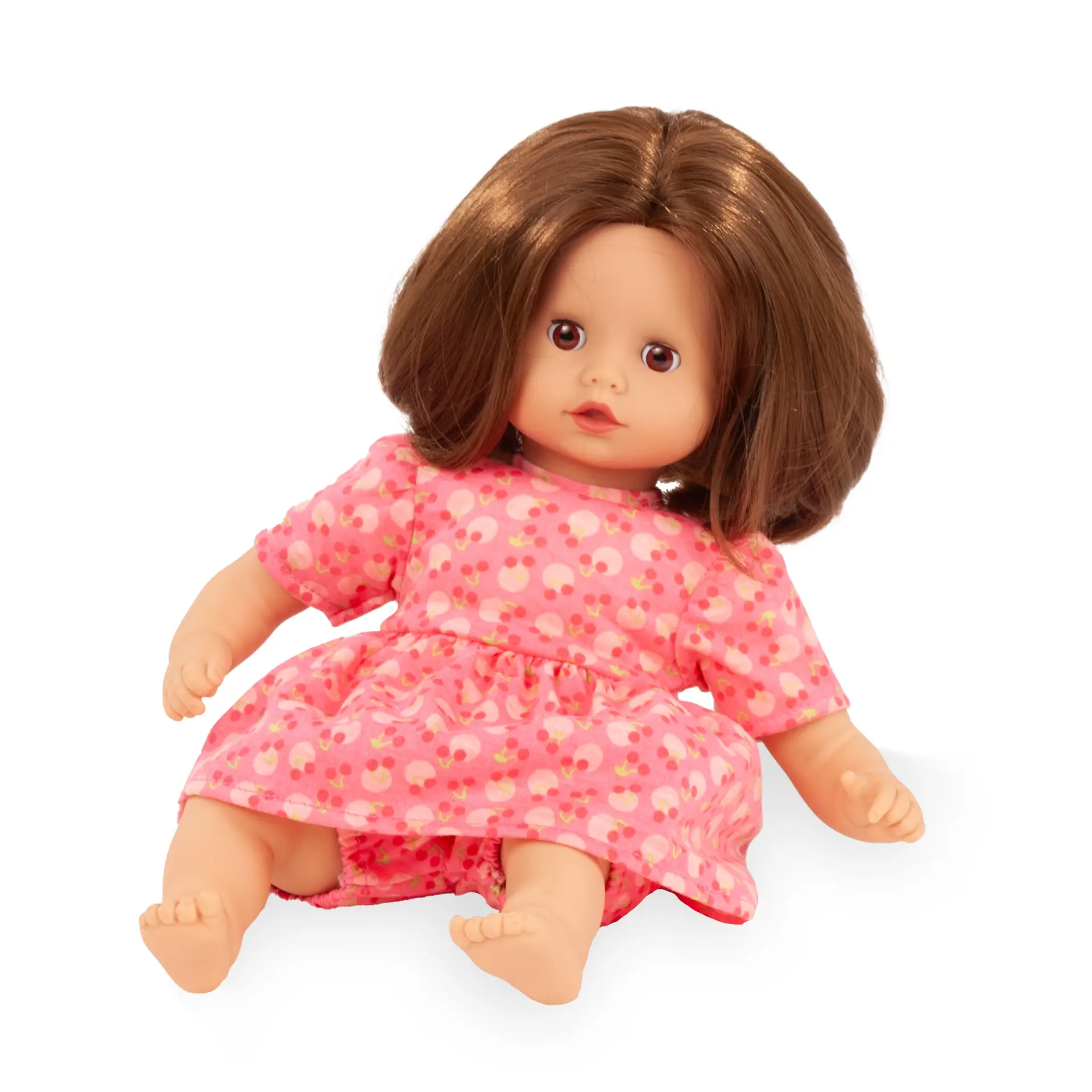 Sommer Einteiler, Kleid Gr. 30-33 cm mit Pumphose mit Kirschmotiv, angezogen. Von Goetz