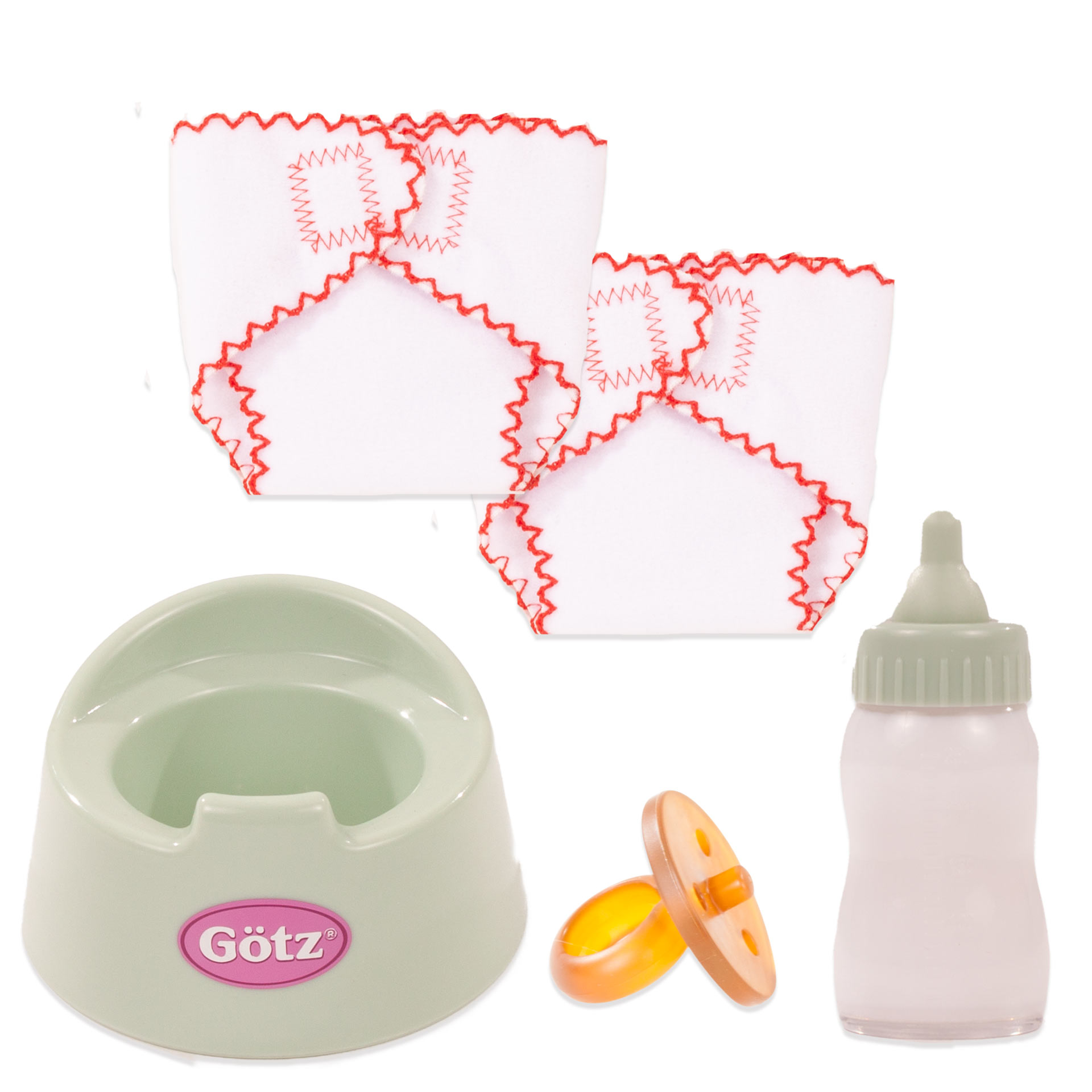 3403589-set-avocado-accessoires-goetz set-avocado-accessoires-goetz-toepfchen-schnuller-kautschuk-milchflasche-stoffwindel