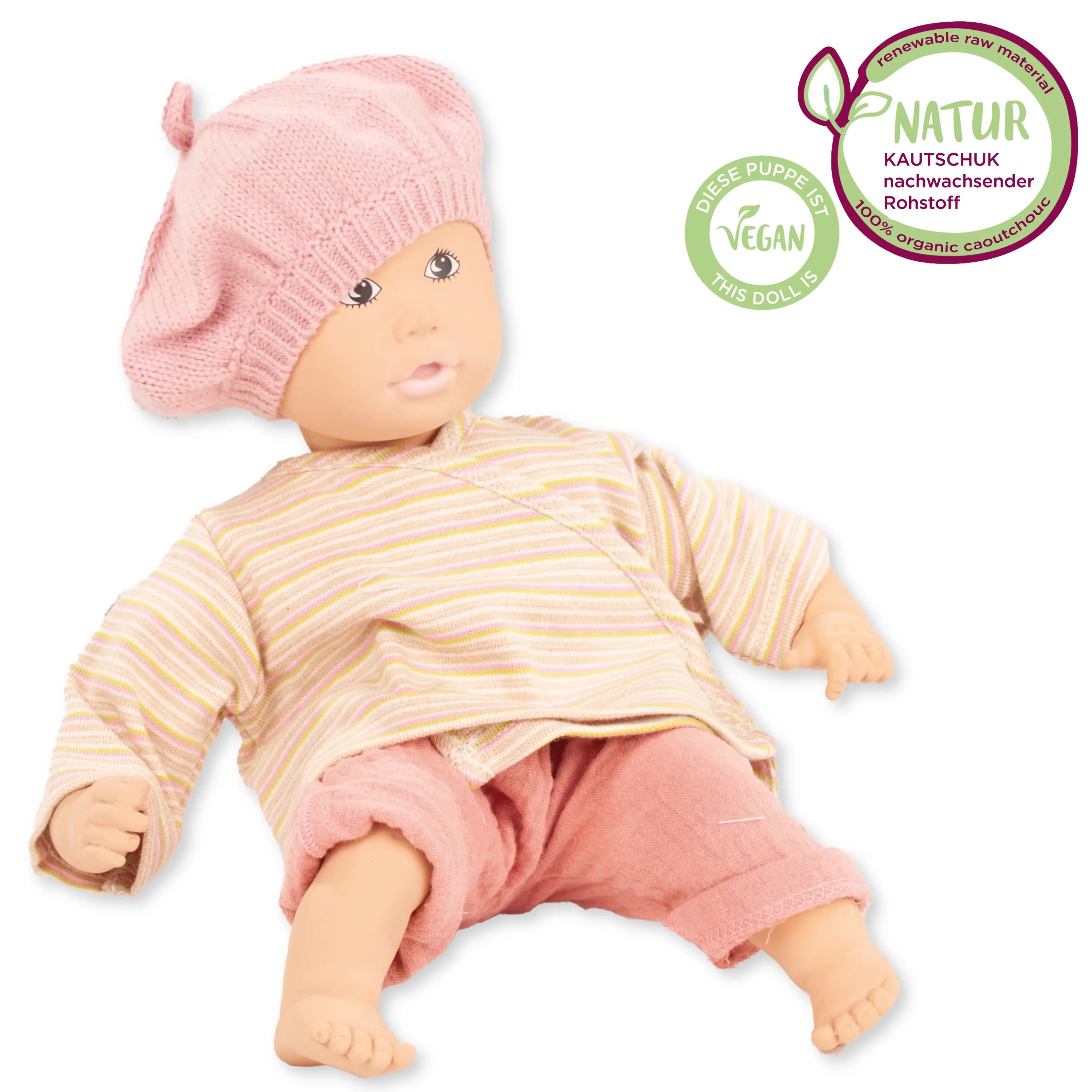 Babypuppe 33 cm aus Naturkautschuk und vegan mit gemalten Augen und einem Zweiteiler in Ringelmuster, in Rosé und Gelbtönen und Kopfbedeckung von Goetz