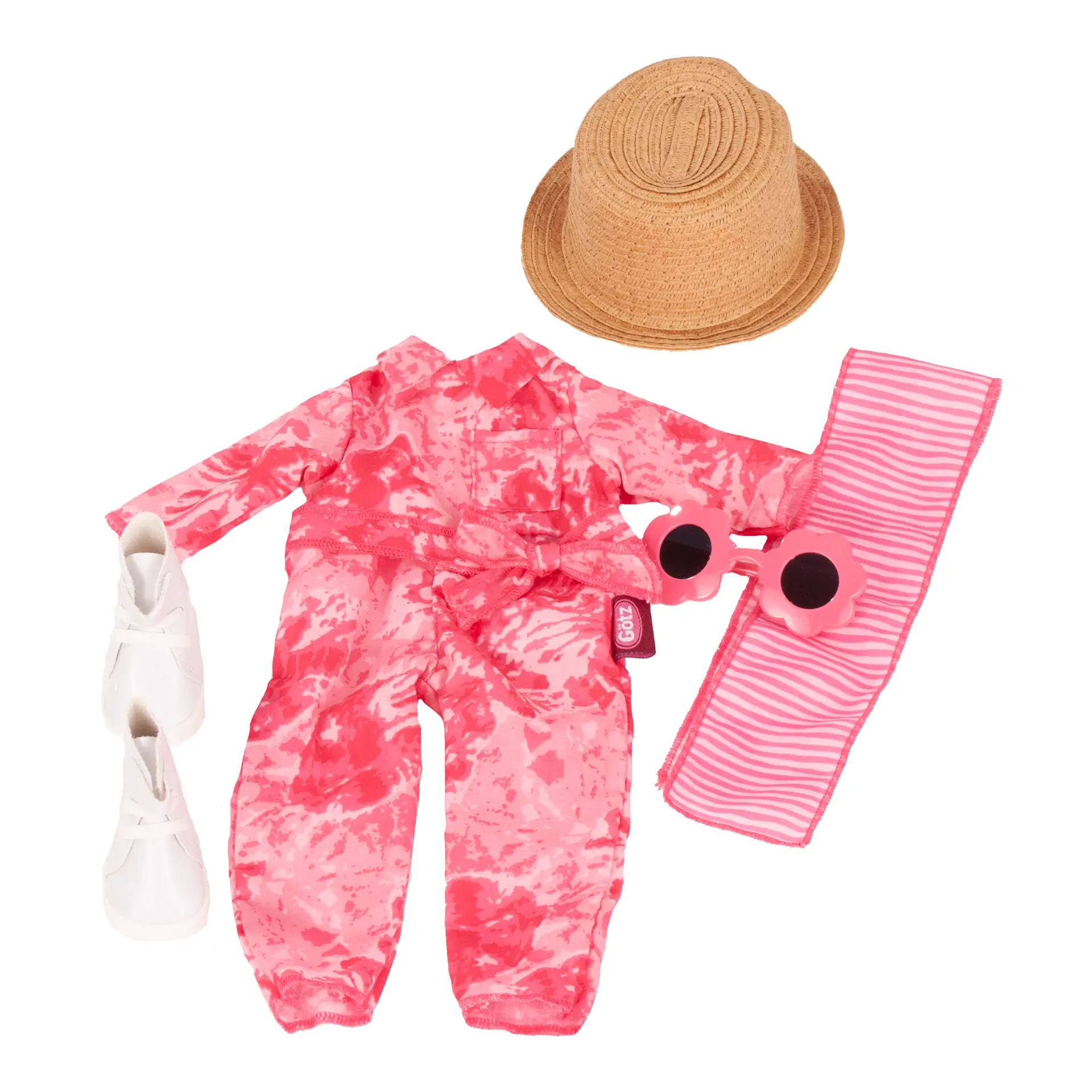Bekleidung Gr. 36 cm in pinkem Batikmuster mit Strohhut, Haarband, Sonnenbrille und weißen Stoffschuhen von Goetz