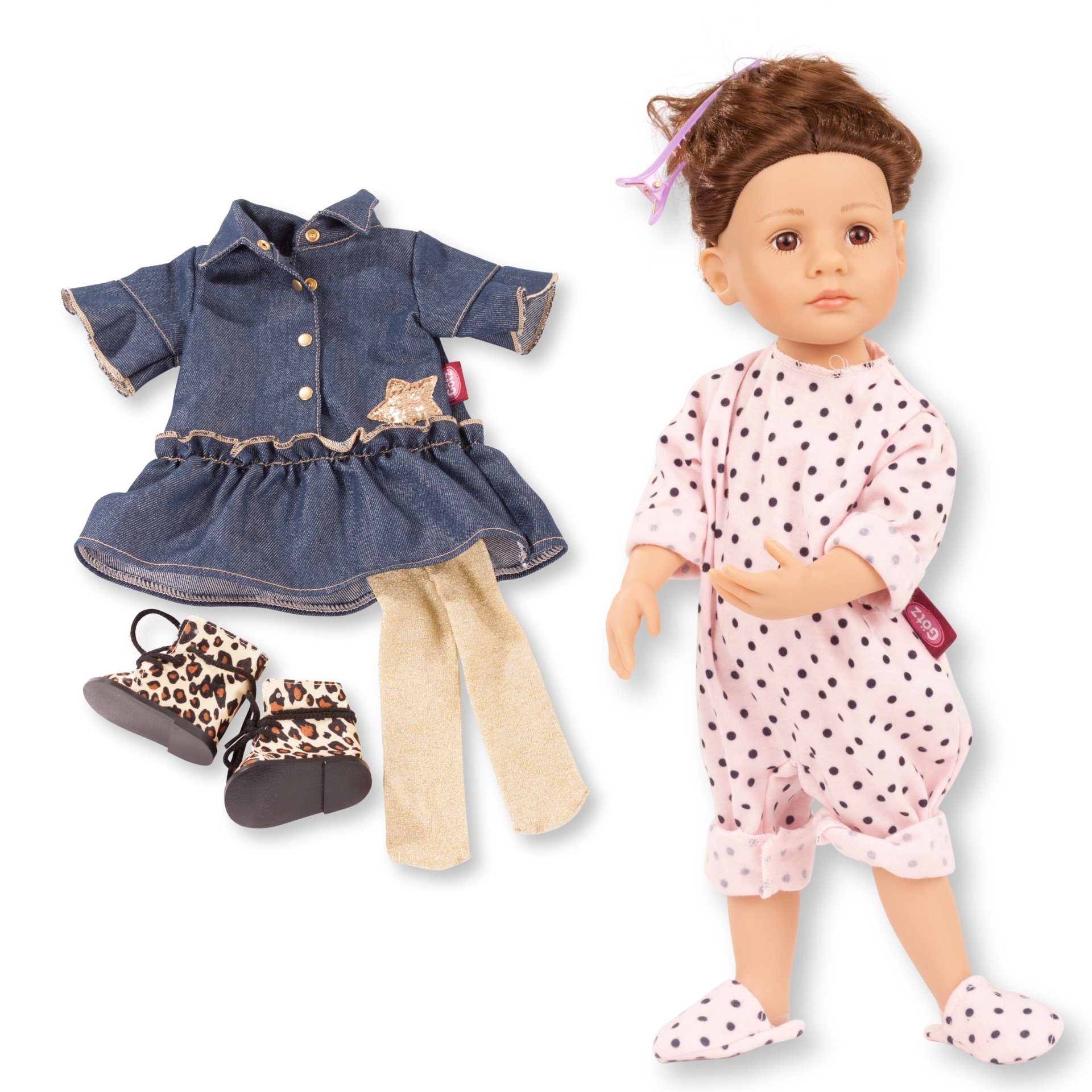 2511053 Little Kidz Stylisch Set Goetz Stehpuppe Gr. 36 cm mit braunem langen Haar und braunen Augen im Onesie und Hausschuhe hat ein Denim-Kleid mit goldenem Stern, goldener Strumpfhose und Boots im Leolook dabei