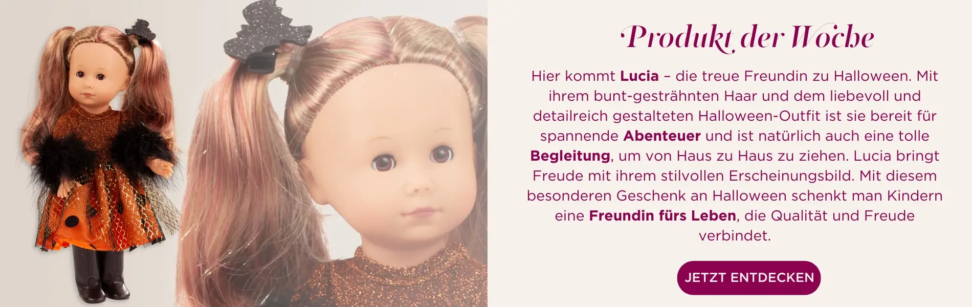 2113038 Lucia Zauberhexe Stehpuppe Goetz Stehpuppe Gr. 27 mit bunt-gestaehntem, langen Haar, braunen Schlafaugen im Halloween Kostuem von Goetz