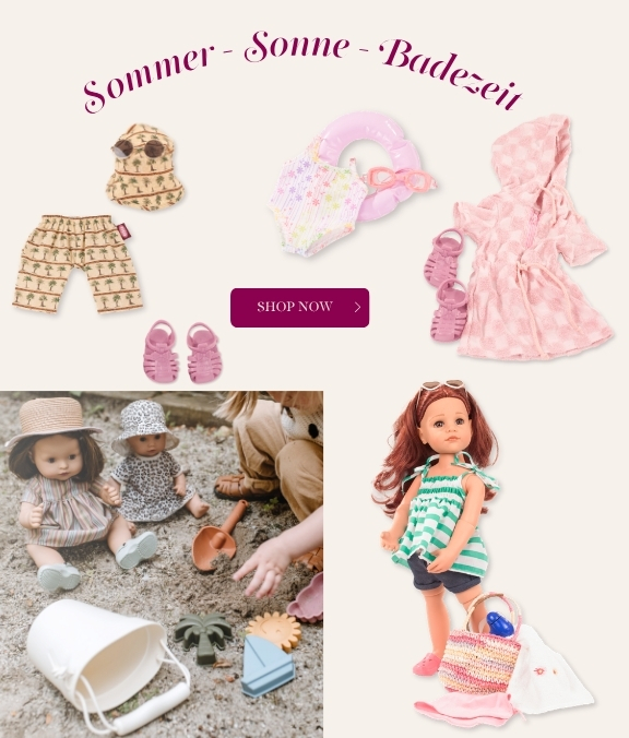 Alles was die Puppe zum Baden in der Sommerzeit benoetigt. Badepuppen und Zubehoer von Steh- und Babypuppen von Goetz