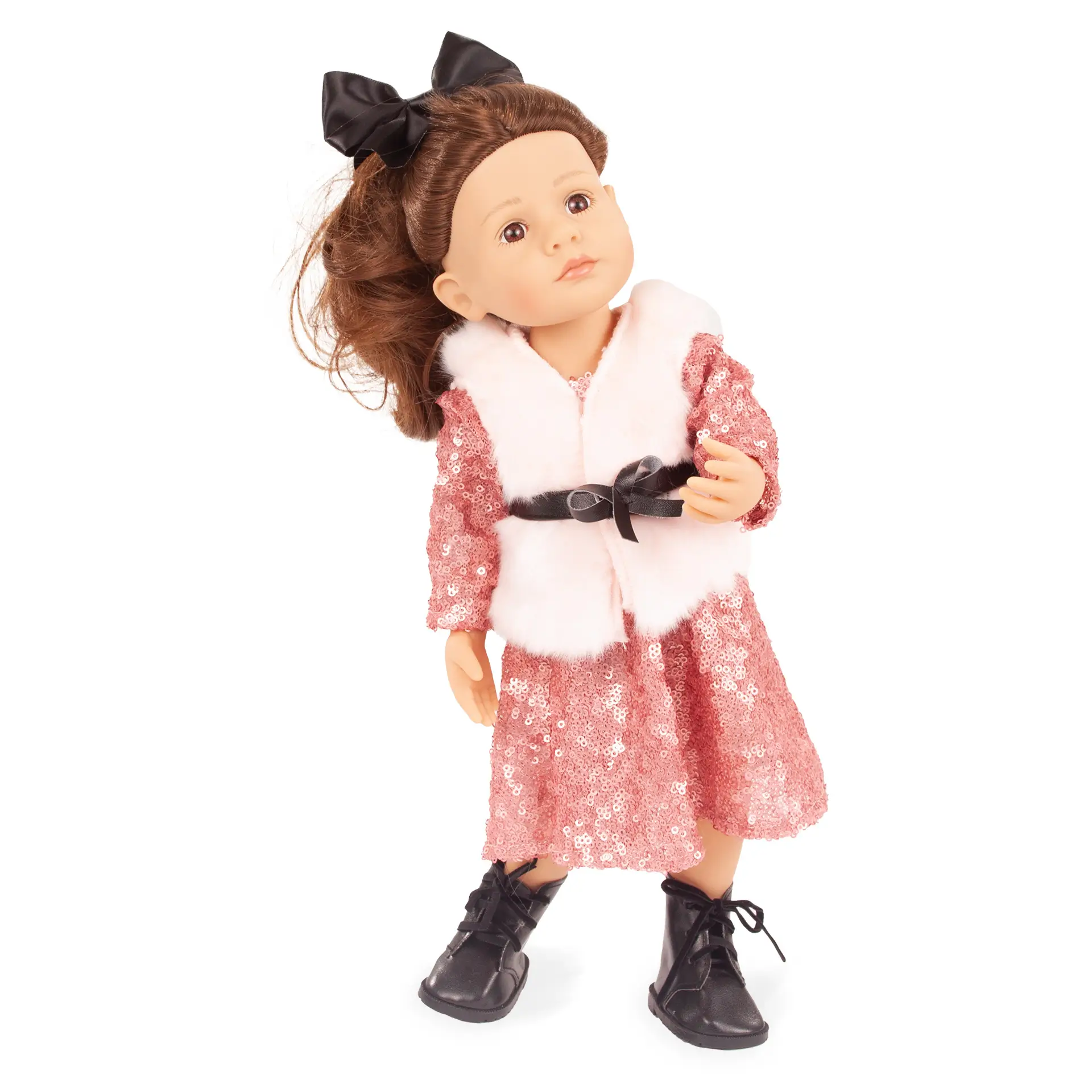 little-kidz-grete-xmas-edition-multigelenkstehpuppe-goetz-pailetten-kleid-weste-guertel-braunhaarig-boots