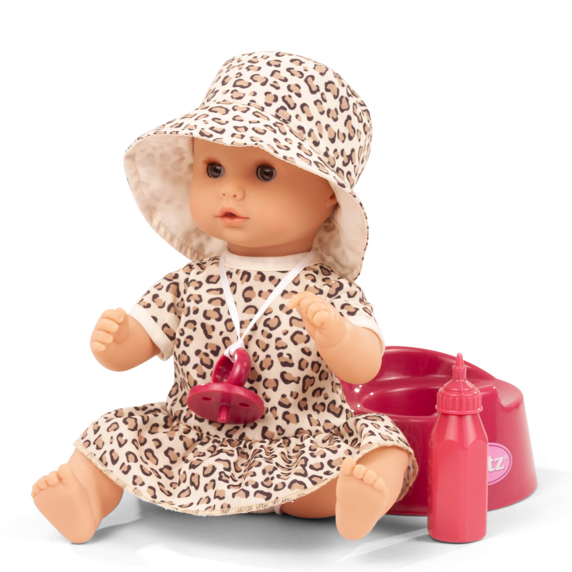 2453153-sleepy-aquini-cats-babypuppe-goetz sleepy-aquini-cats-babypuppe-goetz-schnuller-hut-leolook-toepfchen-trinkflasche-kleid-sommerkleid-leoprint-schlafaugen