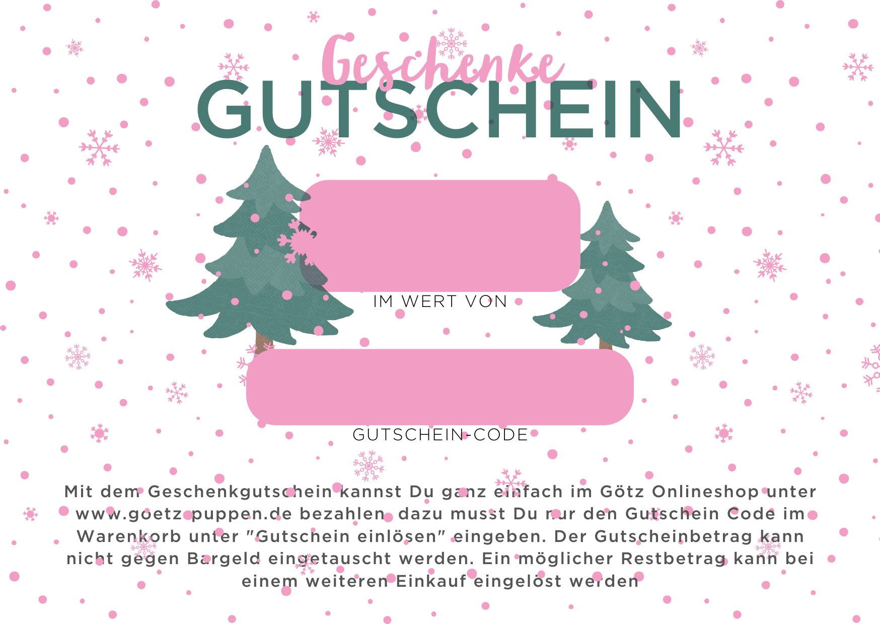 Weihnachtliche Geschenkgutschein Vorlage mit Tannenbaum, Schneeflocken, Wertangabe und Gutscheincode