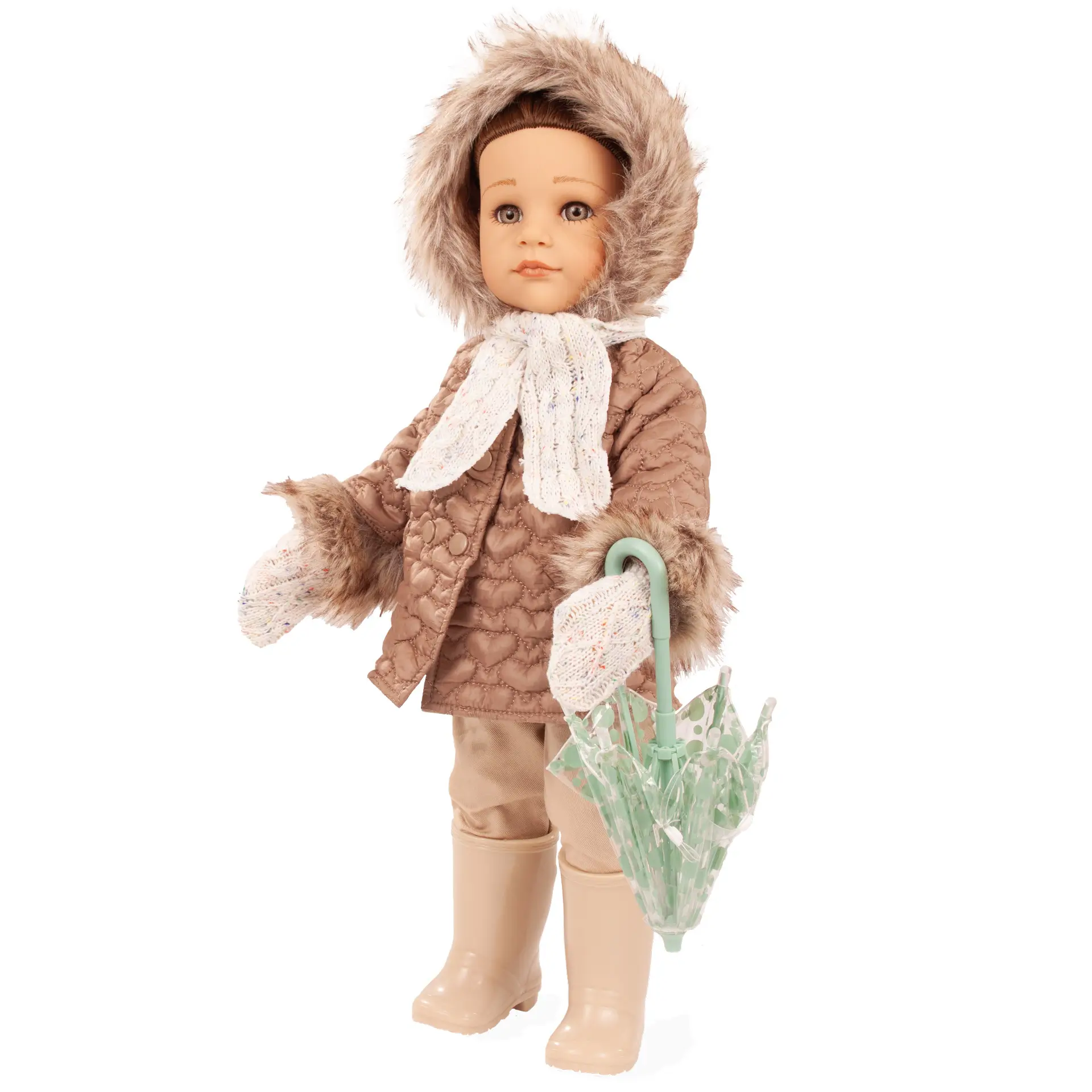 2559012-hannah-every-season-multigelenkstehpuppe-goetz hannah-every-season-multigelenkstehpuppe-goetz-schal-handschuhe-steppjacke-plueschbesatz-stiefel-hose-langhaarig-braunhaarig-regenschirm