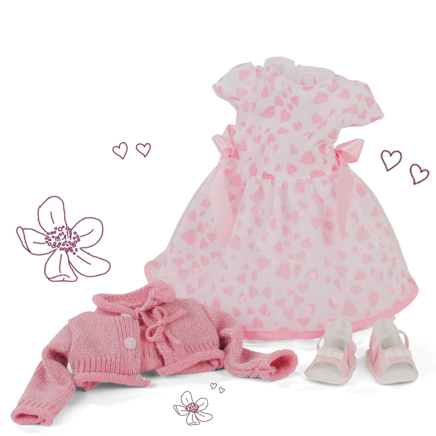 Bekleidungsset fuer Stehpuppen in Groesse Xl bestehend aus Kleid mit Herzchenmotiv Sandalen und rosa Strickjacke