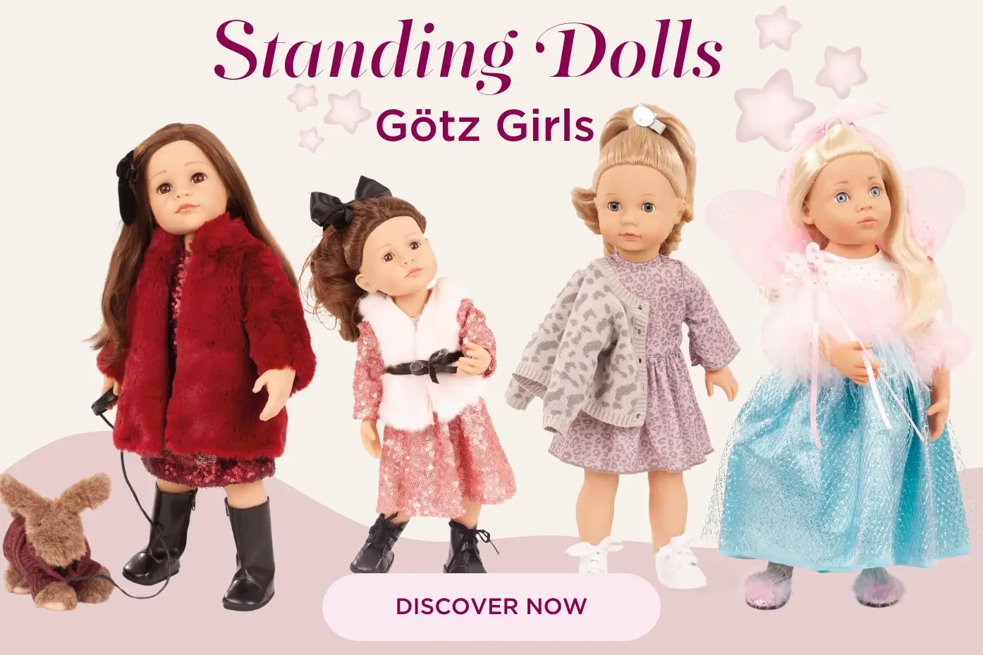 Four standing dolls in different looks, from elegant and winter outfits to a summer style and fairy costume