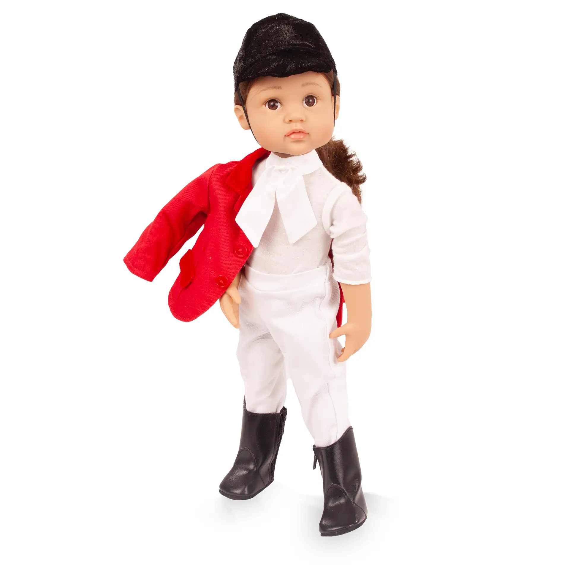Stehpuppe Gr. 36 cm mit braunem, langen Haar und braunen Augen. Sie traegt Reitturnierkleidung mit roter Jacke, Shirt, weisser Reithose, Plastron, Reitcappy und Reitstiefeln von Goetz