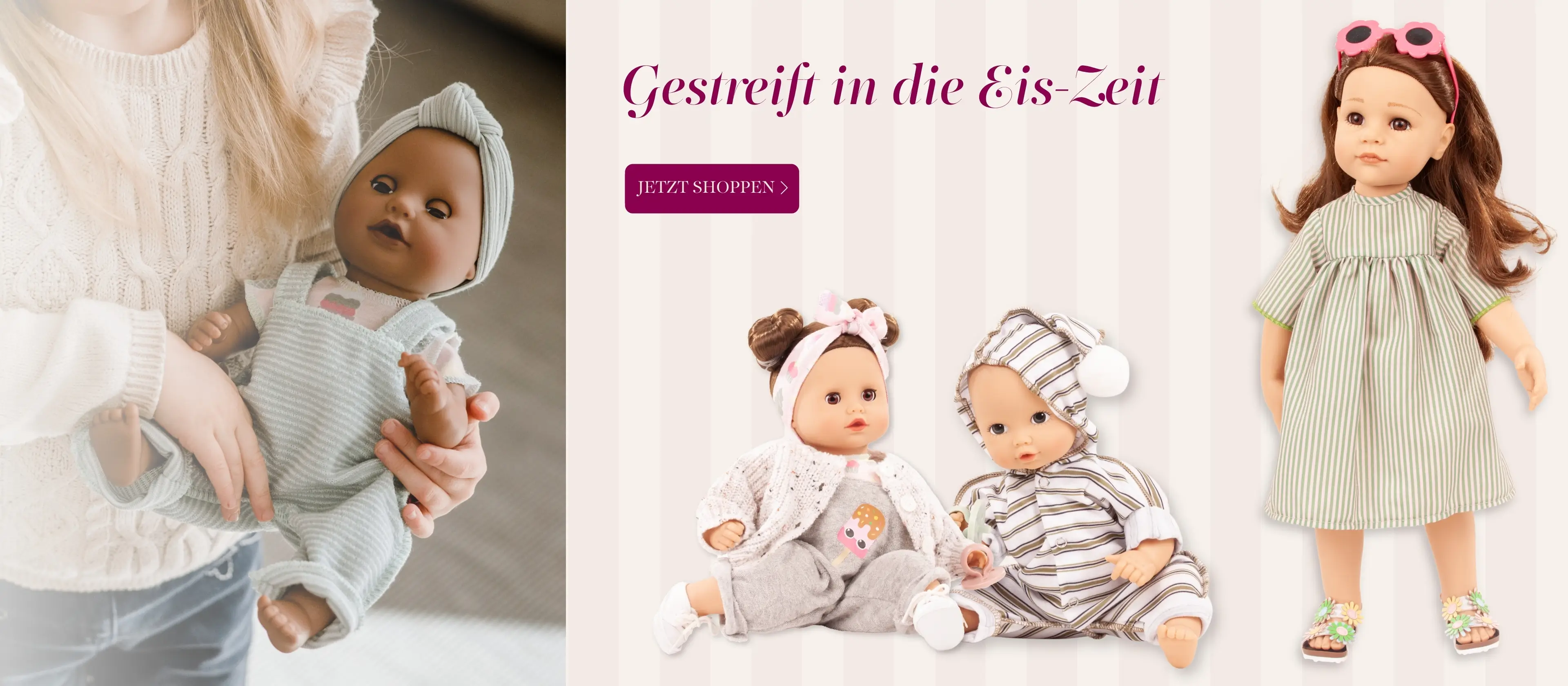 Steh- und Babypuppen in gestreiften und geringelten Outfits von Goetz