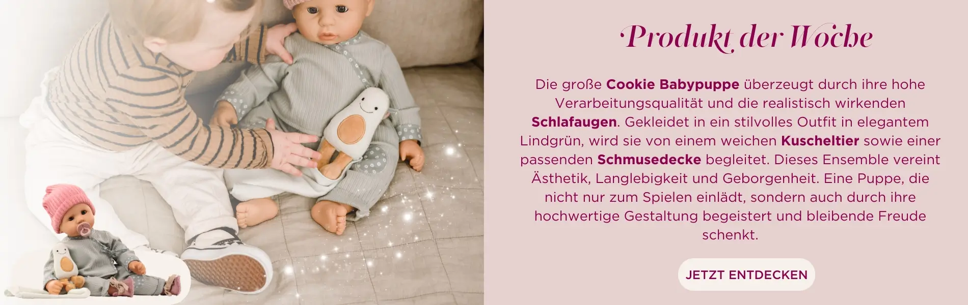 Babypuppe mit Schlafaugen, ohne Haare Gr. 48 cm in lindgrünem Anzug mit Kuschel-Avocado, Muetze und Schnuller. Von Goetz