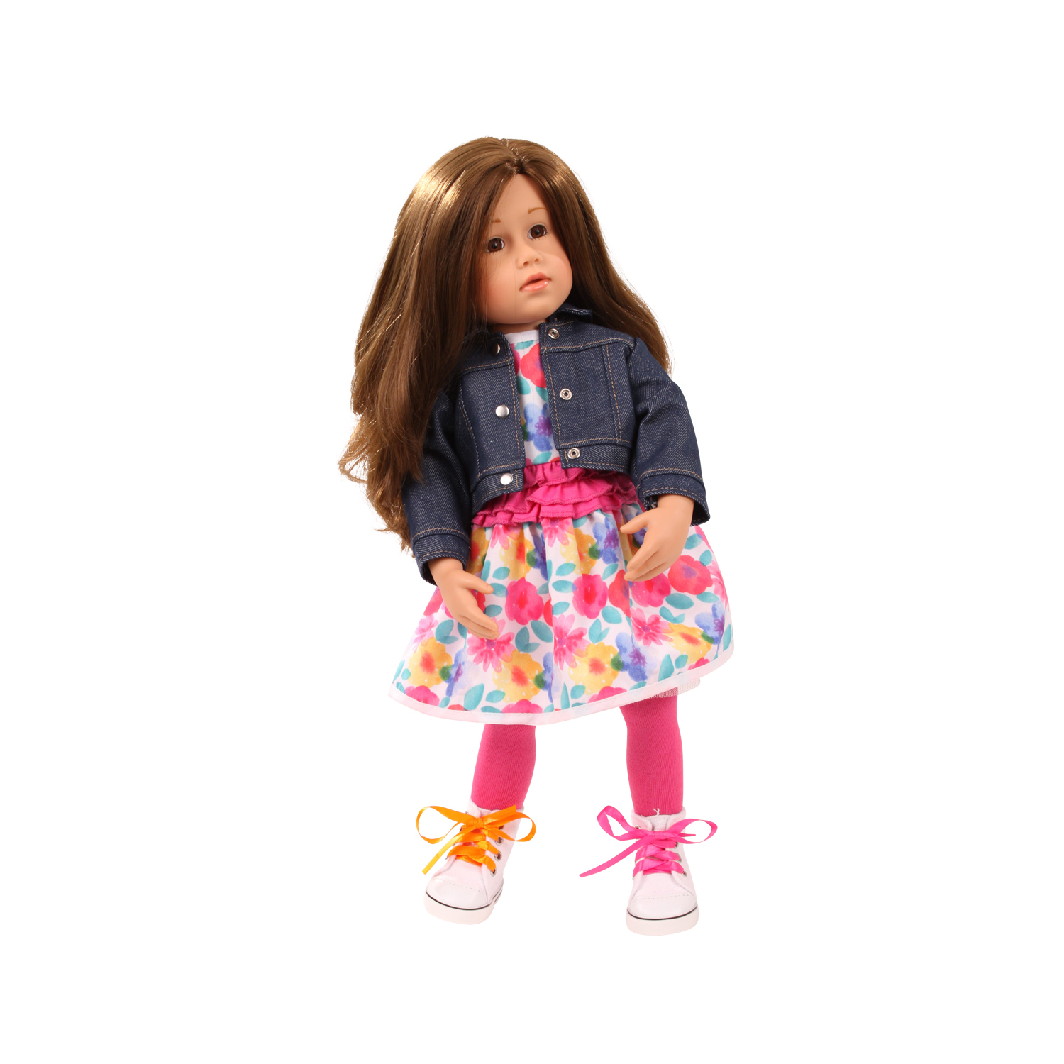 3403336-set-colourful-gr-xl-bekleidung-goetz set-colourful-gr-xl-goetz-stehpuppe-jeansjacke-blumenkleid-sneaker