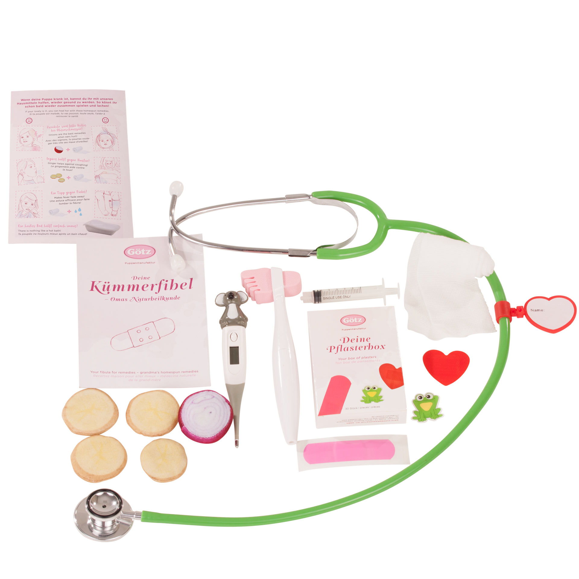 1816063-cosy-aquini-be-a-doctor-babypuppe-goetz cosy-aquini-be-a-doctor-babypuppe-badewanne-spritze-badehandtuch-zwiebel-stethoskop-ingwerscheiben-fieberthermometer-reflexhammer-windel-flasche-schnuller-nabelbinde-kuemmerfibel-goetz