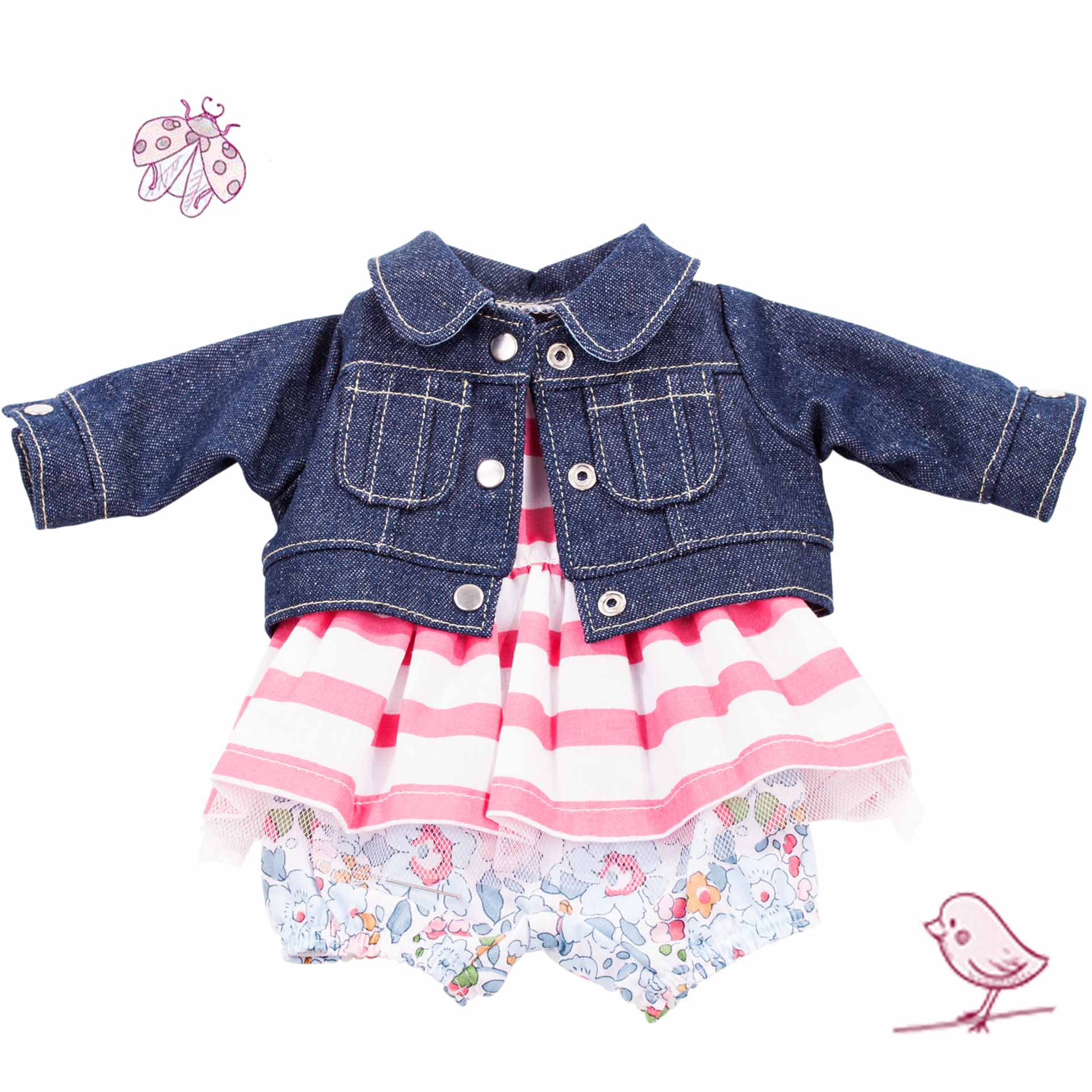 3402659-3402660-babykombi-vacanze-goetz babypuppenkleidung puppenkleidung puppensommeranzug dreiteiler denim jeansjacke pumphose goetz