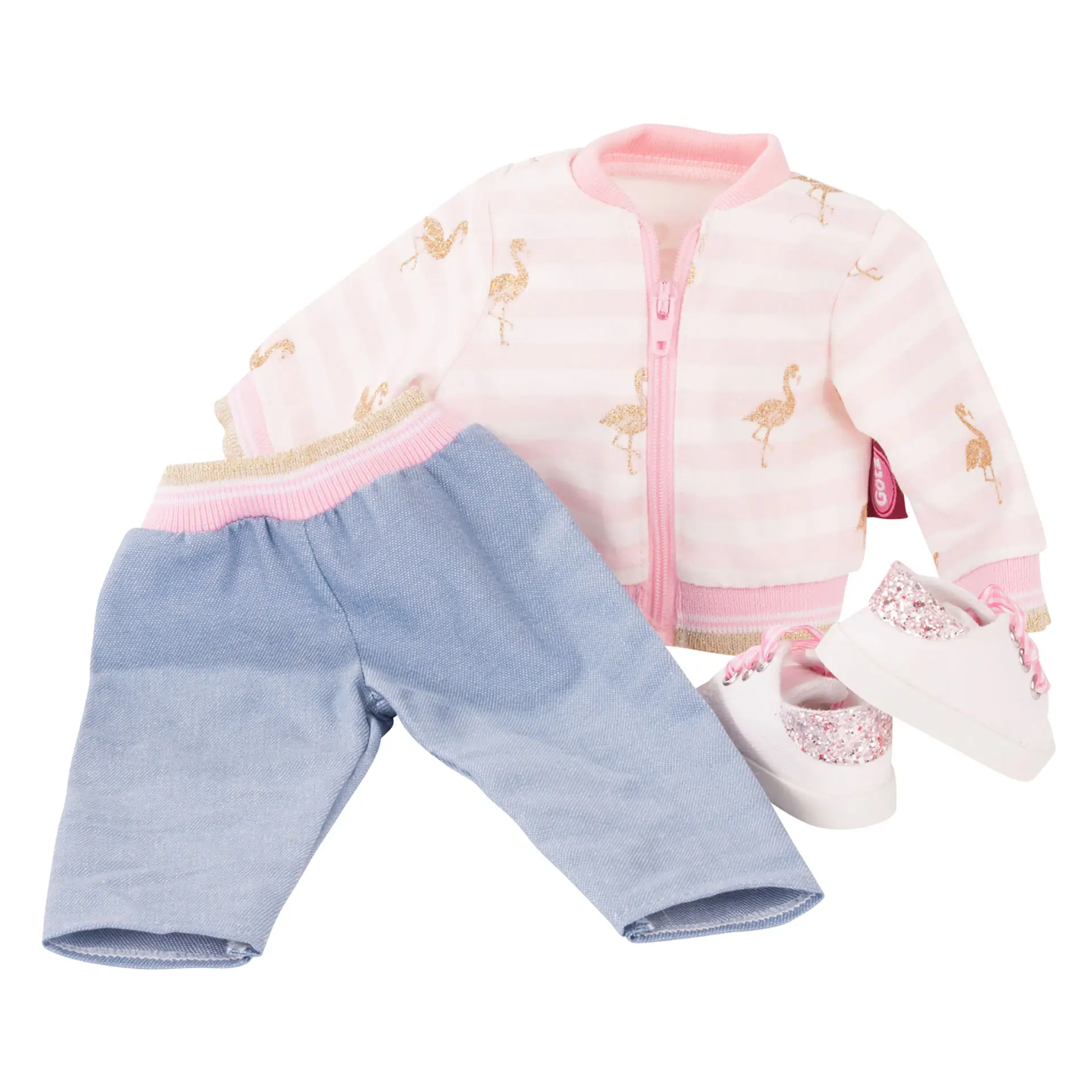 3403035-kombi-golden-flamingo-bekleidung-goetz kombi-golden-flamingo-bekleidung-stoffjacke-jeans-stoff-turnschuhe-glitzer-flamingo-goetz