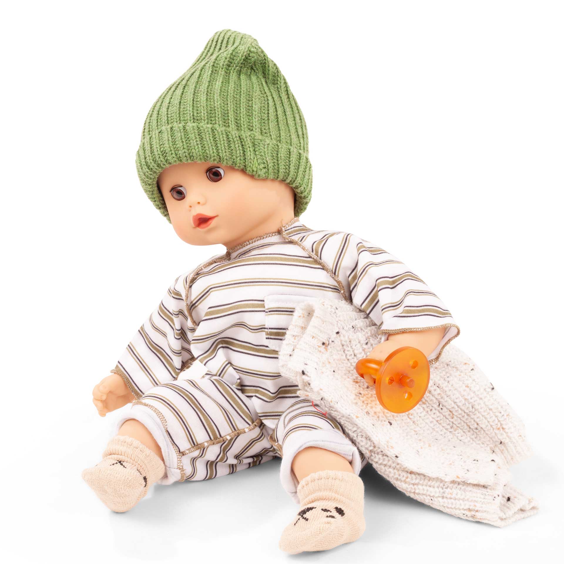 muffin-urban-stripes-babypuppe-goetz-strickmuetze-anzug-strickjacke-huettenschuhe-schnuller-kautschukschnuller-schlafaugen-gestreift-schnuller