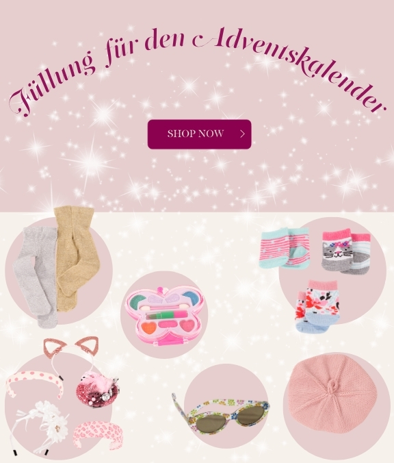 Kleine Geschenke fuer den Adventskalender. Strumpfhosenset, Haarschmuck, Brillen, Huete, Soeckchen und Stylingutensilien von Goetz