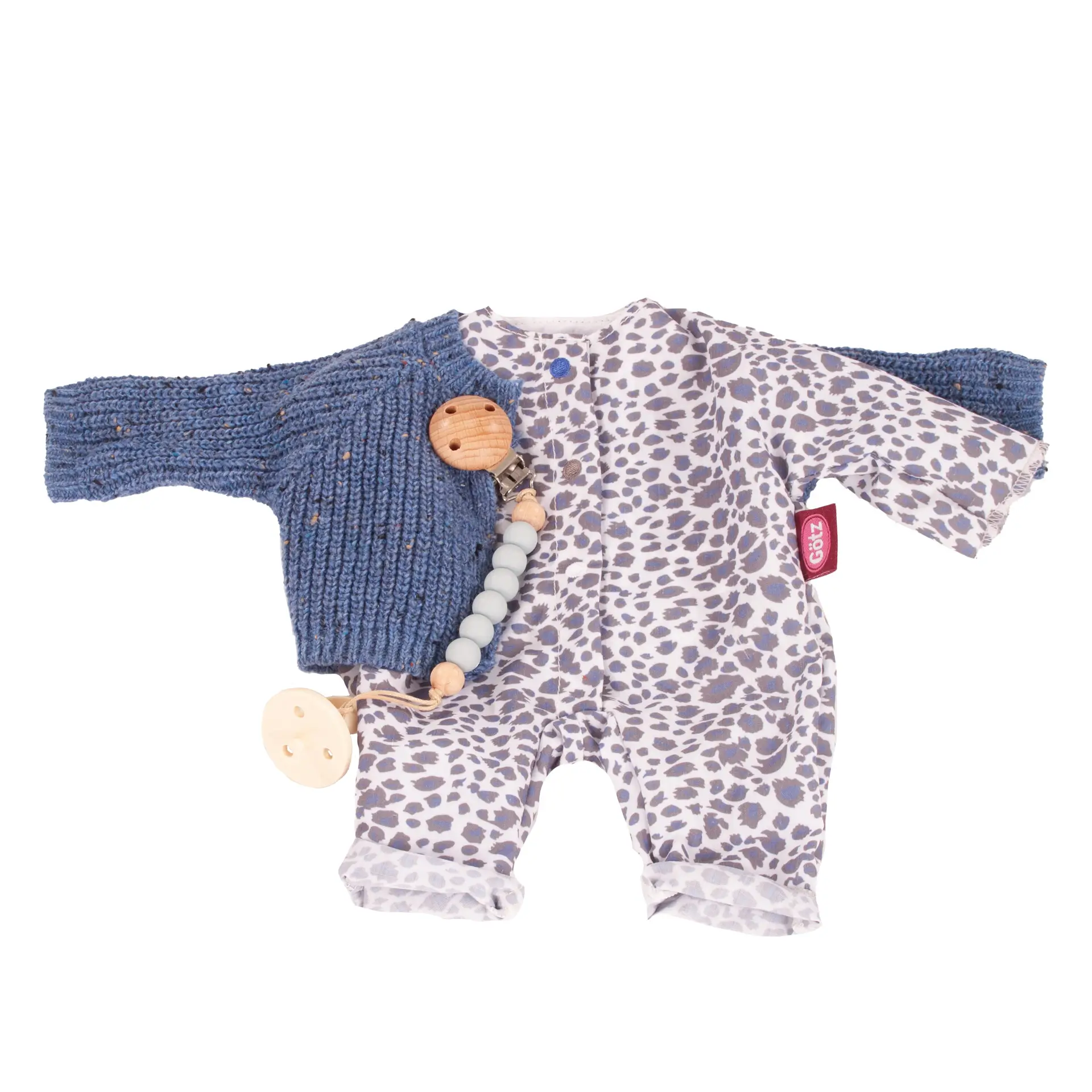 Bekleidungsset Gr. 30-33 cm, bestehend aus einem Anzug in blauem Tigermotiv, einer blauen Strickjacke und einem Schnuller mit Schnullerkette. Von Goetz