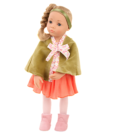 Siegerlook Nummer 1 50 cm große Stehpuppe mit blonden Haaren und Outfit bestehend aus Kleid Cape Haarband und Stiefel