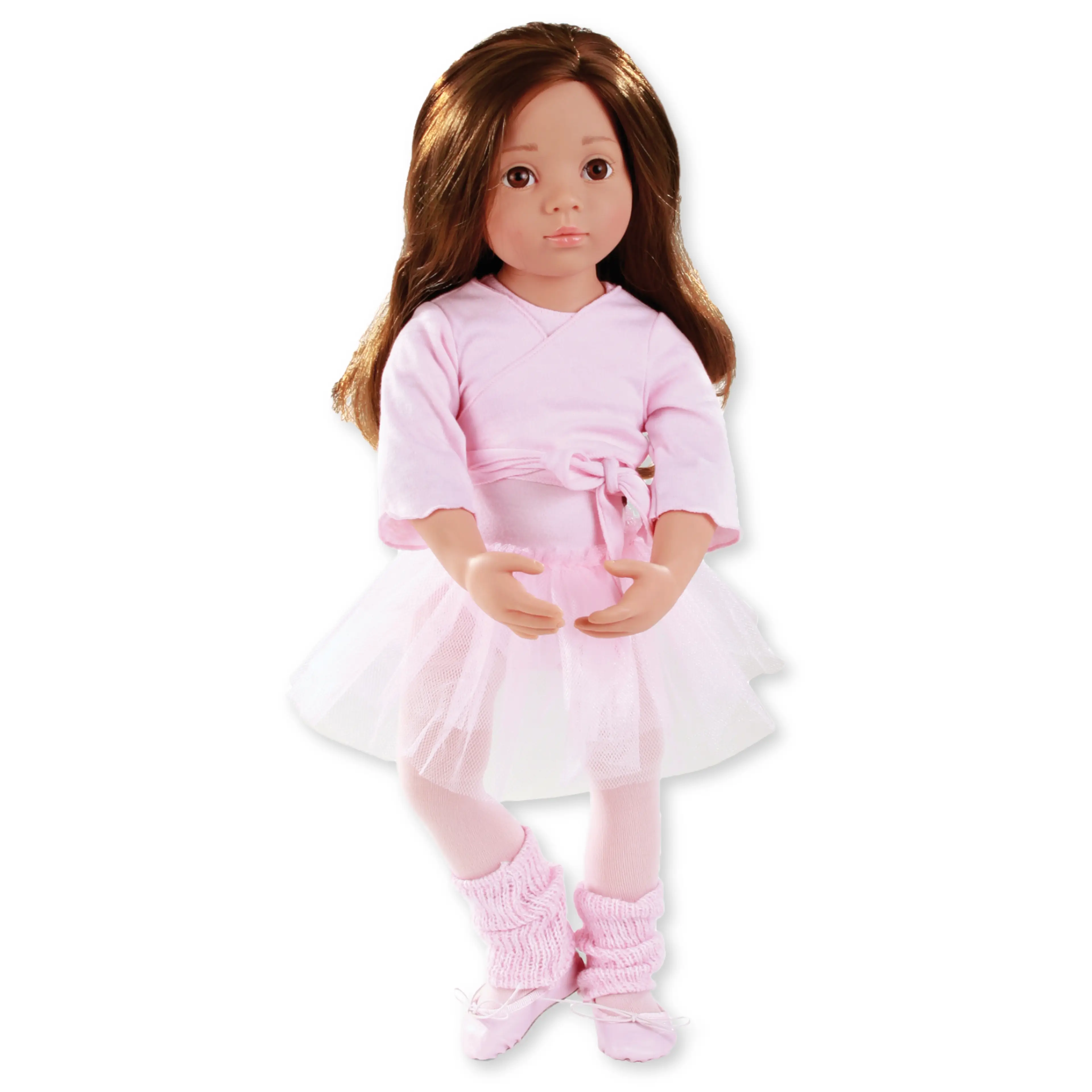 Multigelenkstehpuppe 45-50 cm mit Ballettanzug, bestehend aus Wickeljacke, Tutu, Body, Strumpfhose, Stulpen und Ballettschuhe in Rosa. Sie hat braune Haare und braune Augen von Goetz