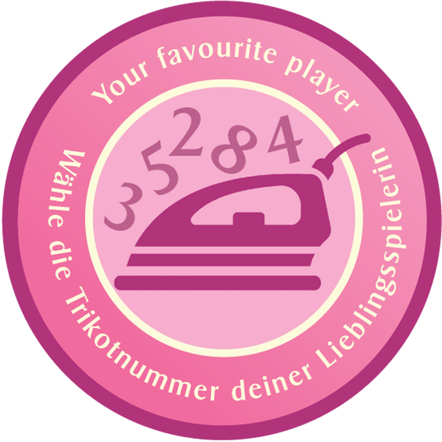 Rosa Icon mit Buegeleisen, Zahlen und Text ‚Waehle die Trikotnummer deiner Lieblingsspielerin‘