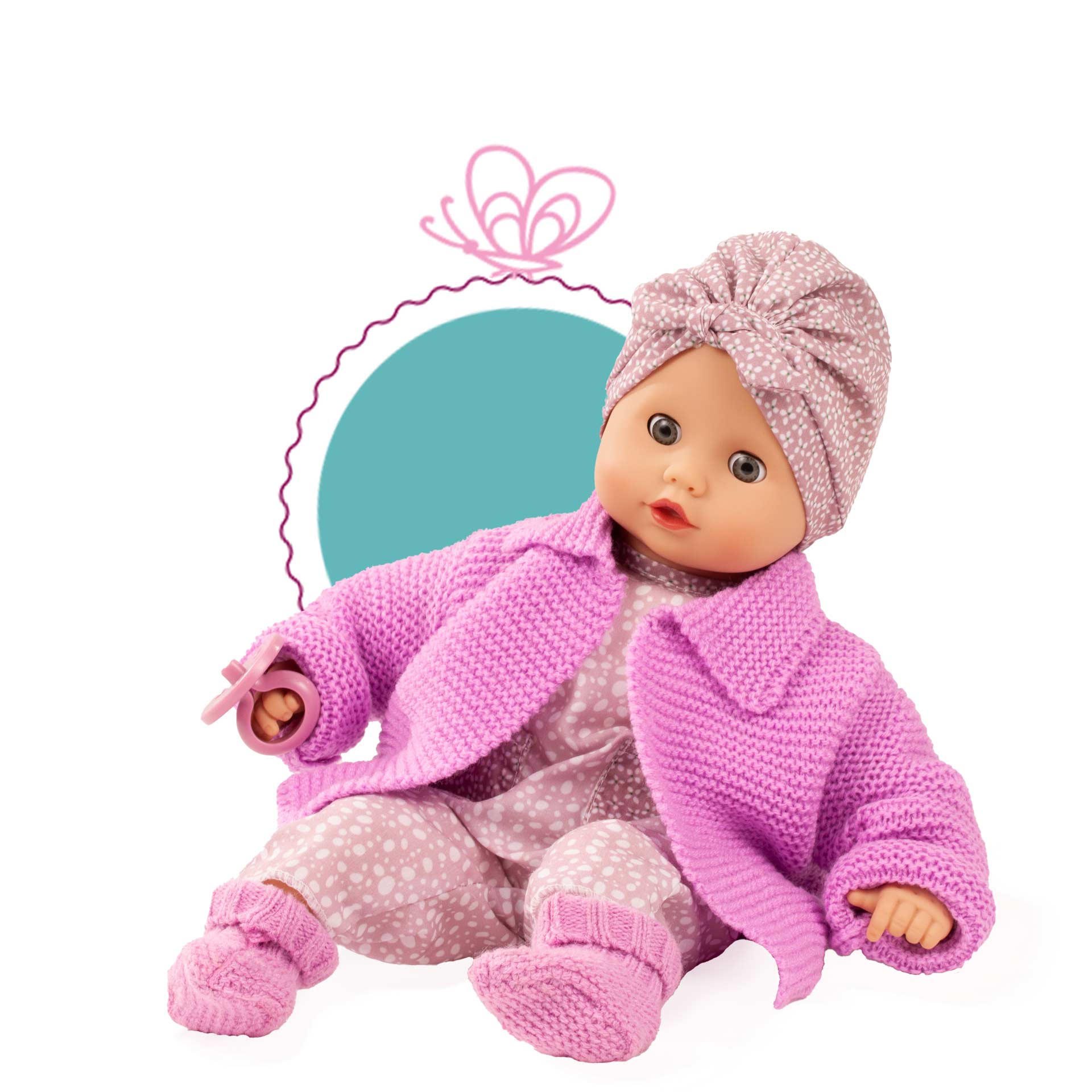 muffin-soft-mood-babypuppe-schlafaugen-kopftuch-strickjacke-strickschuhe-sommeranzug-schnuller-goetz