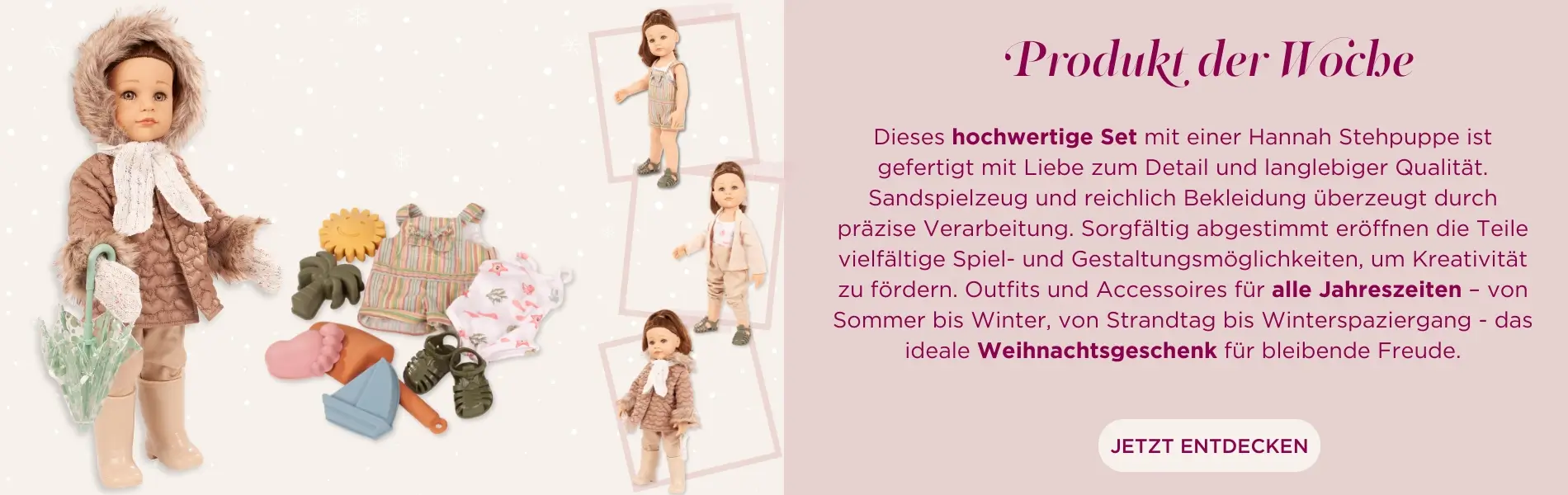 Stehpuppe Gr. 45-50 cm mit grossem Zubehoerset. Winteroutfit mit Schal, Handschuhen und Regenschirm und Sommerset mit Badeanzug, kurzer Latzhose, Strandspielzeug und Sandalen von Goetz