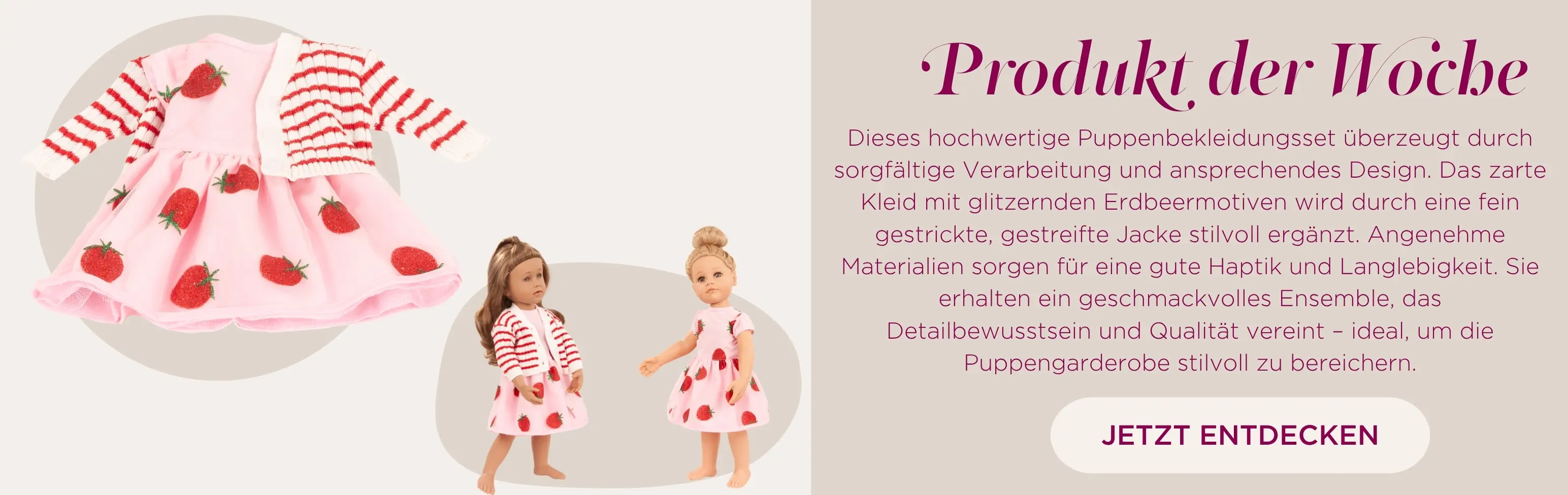 Sommerbekleidungsset fuer Stehpuppen Gr. 45-50 cm. Bestehend aus einem Kleid mit Erdbeermotiv in Glitzer mit Tuell darueber und einer passenden Strickjacke in rot-weiss geringelt von Goetz
