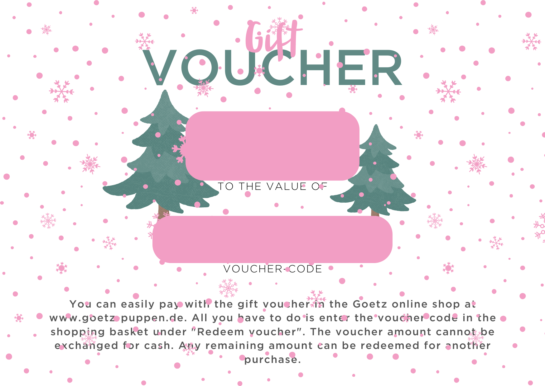 Christmas gift voucher template with Christmas tree, snowflakes, value and voucher code