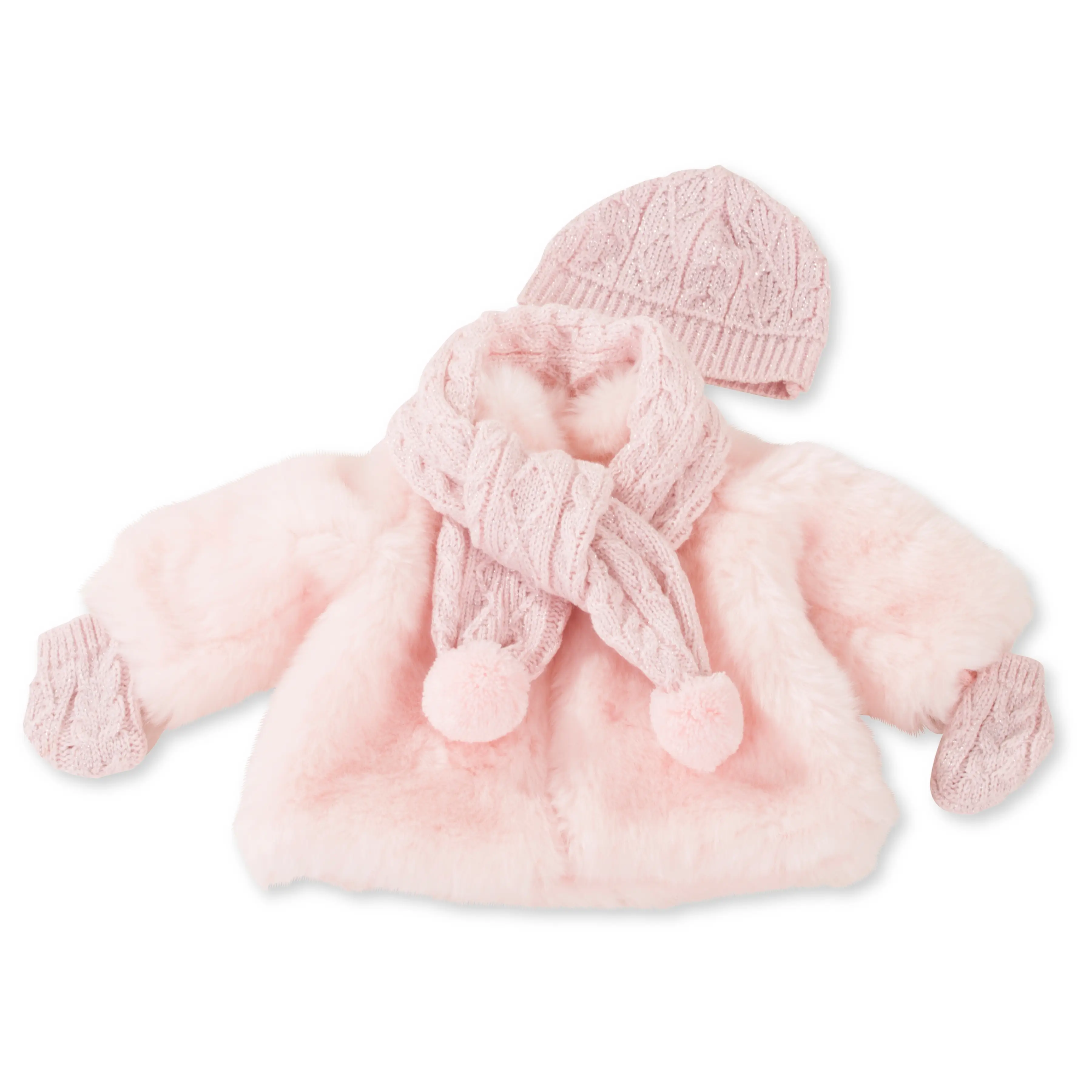 Winterkombi Babypuppen Gr. 30-33 und Stehpuppe Gr. 36 cm. Winterset mit rosa Plueschjacke mit Strickschal, Strickhandschuhen und passender Muetze mit Glitzerlurex von Goetz