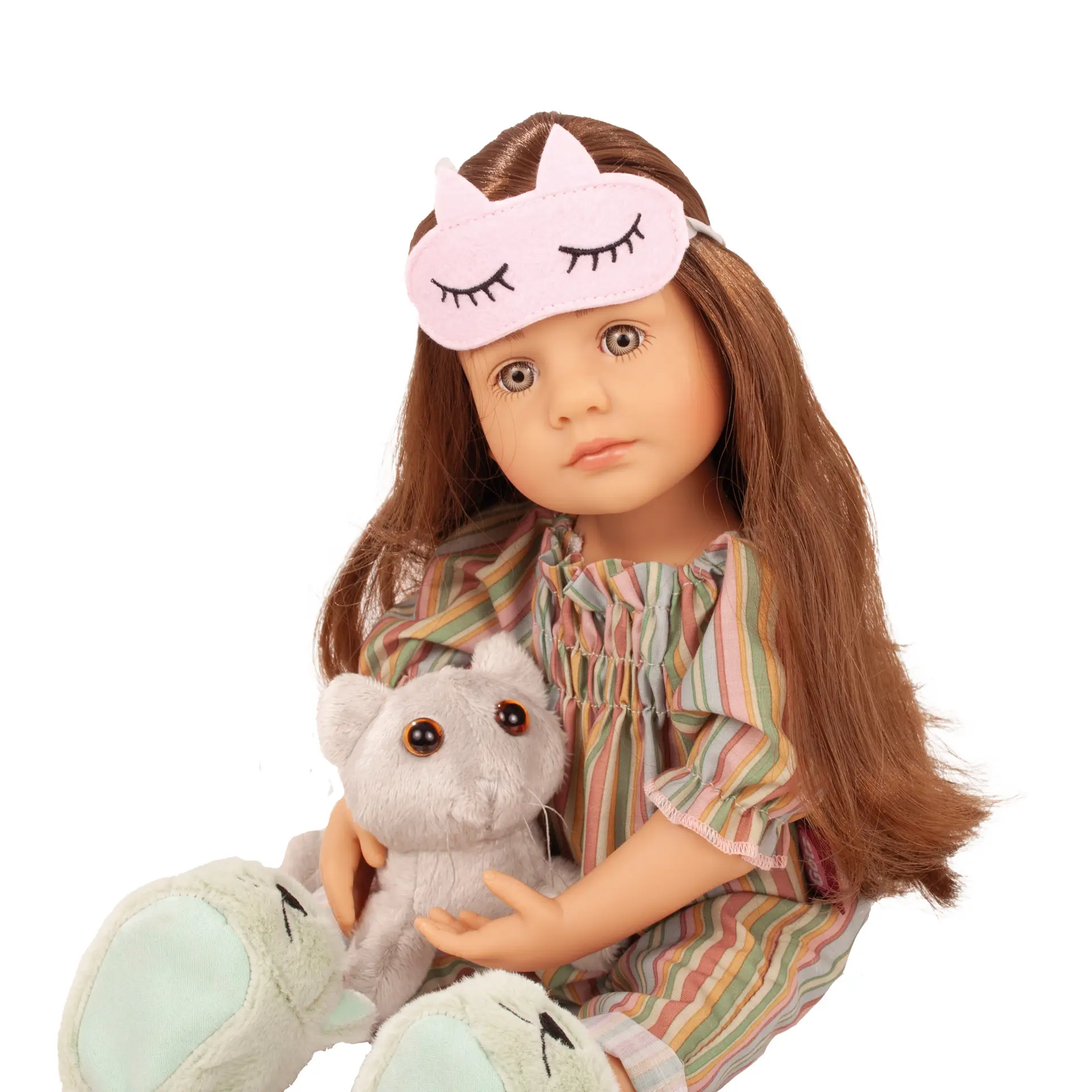 Stehpuppe Gr. 36 cm mit gestreiftem Overall Hausschuhen für Puppe und Kind im edlen Geschenkkarton Geschenkset