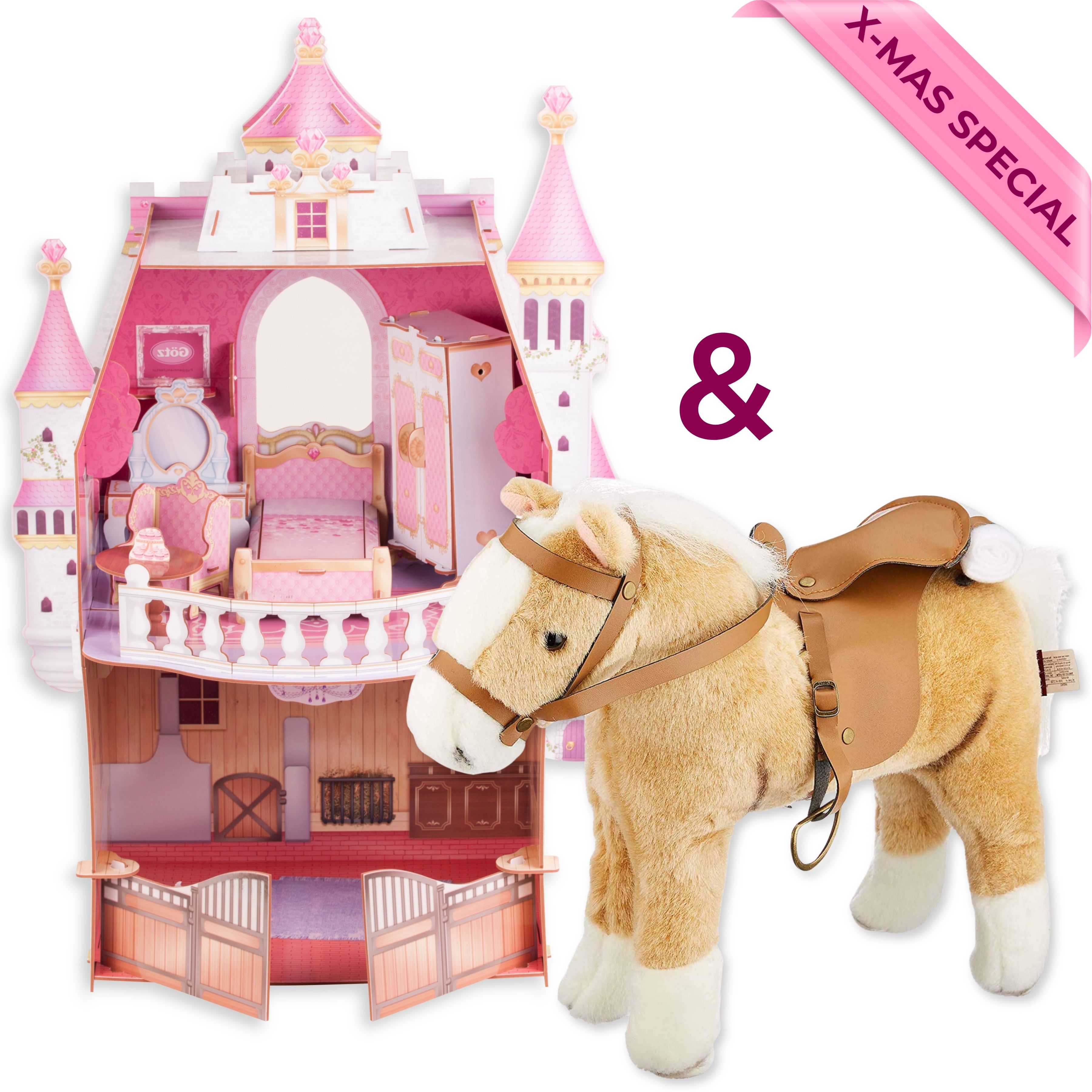 Geschenkset mit einem Plueschpferd, dazu ein Puppenschloss für kleine Stehpuppen mit Puppenmoebeln von Goetz