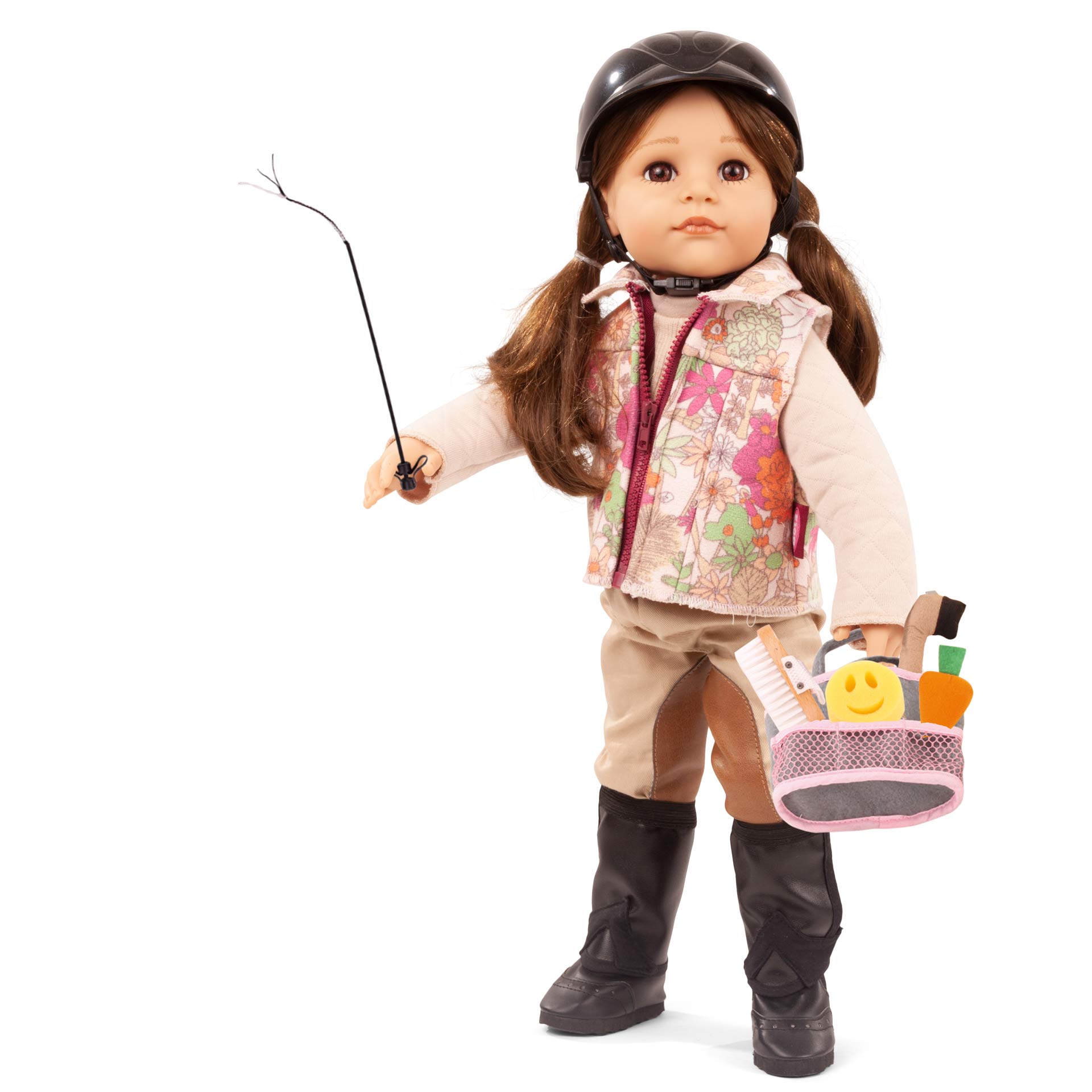 2459008-hannah-loves-horseback-riding-stehpuppe-goetz hannah-horseback-riding-stehpuppe-goetz-reithose-chaps-reithelm-reitschuhe-oberteil-braunhaarig-braune-augen-gerte-tasche-moehre-schwamm-auskratzer